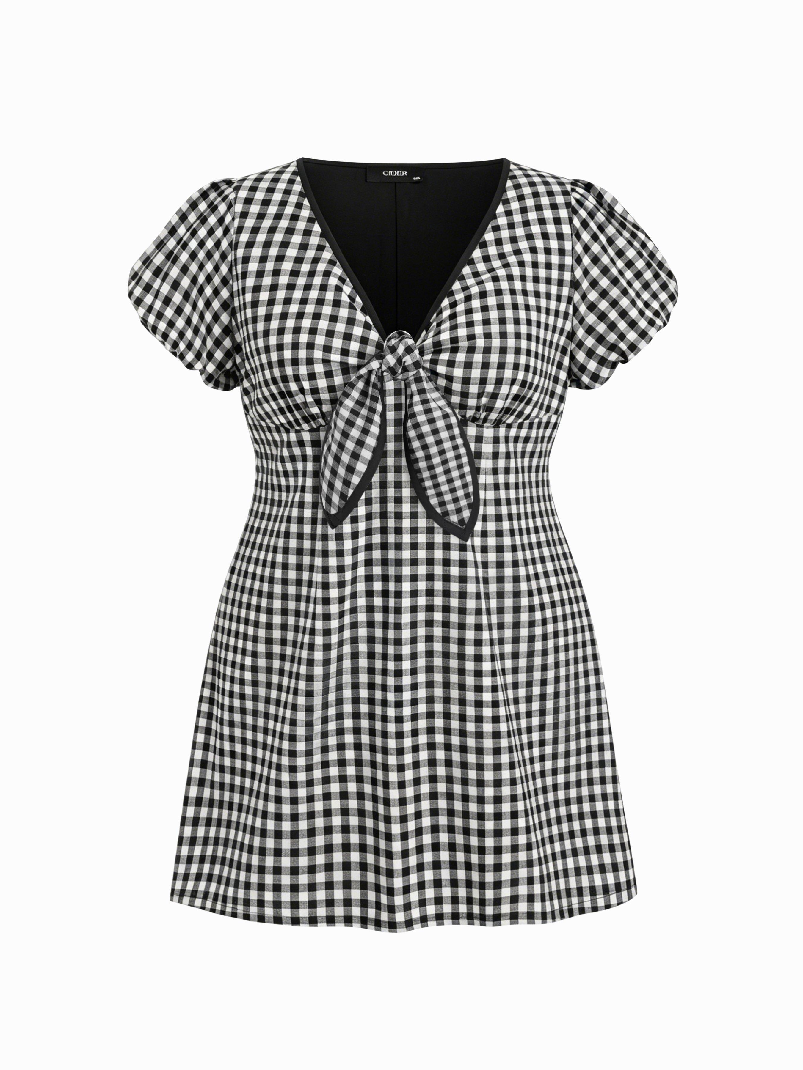 Cotton-blend V-neck Puff Sleeve Twist Knotted Gingham A-line Mini Dress Curve & Plus by CIDER