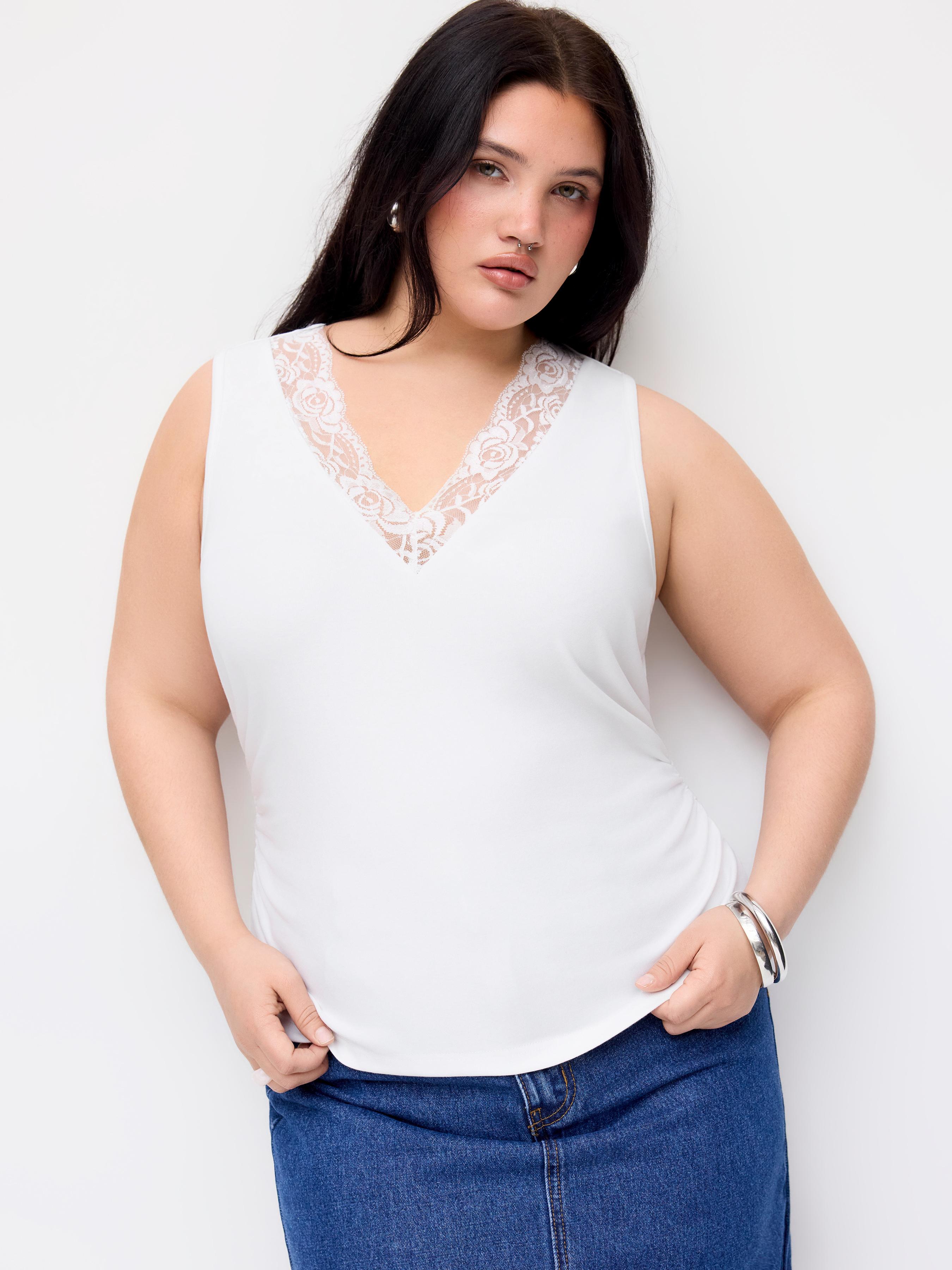 Cotton-blend V-neck Ruched Lace Trim Tank Top Curve & Plus by CIDER
