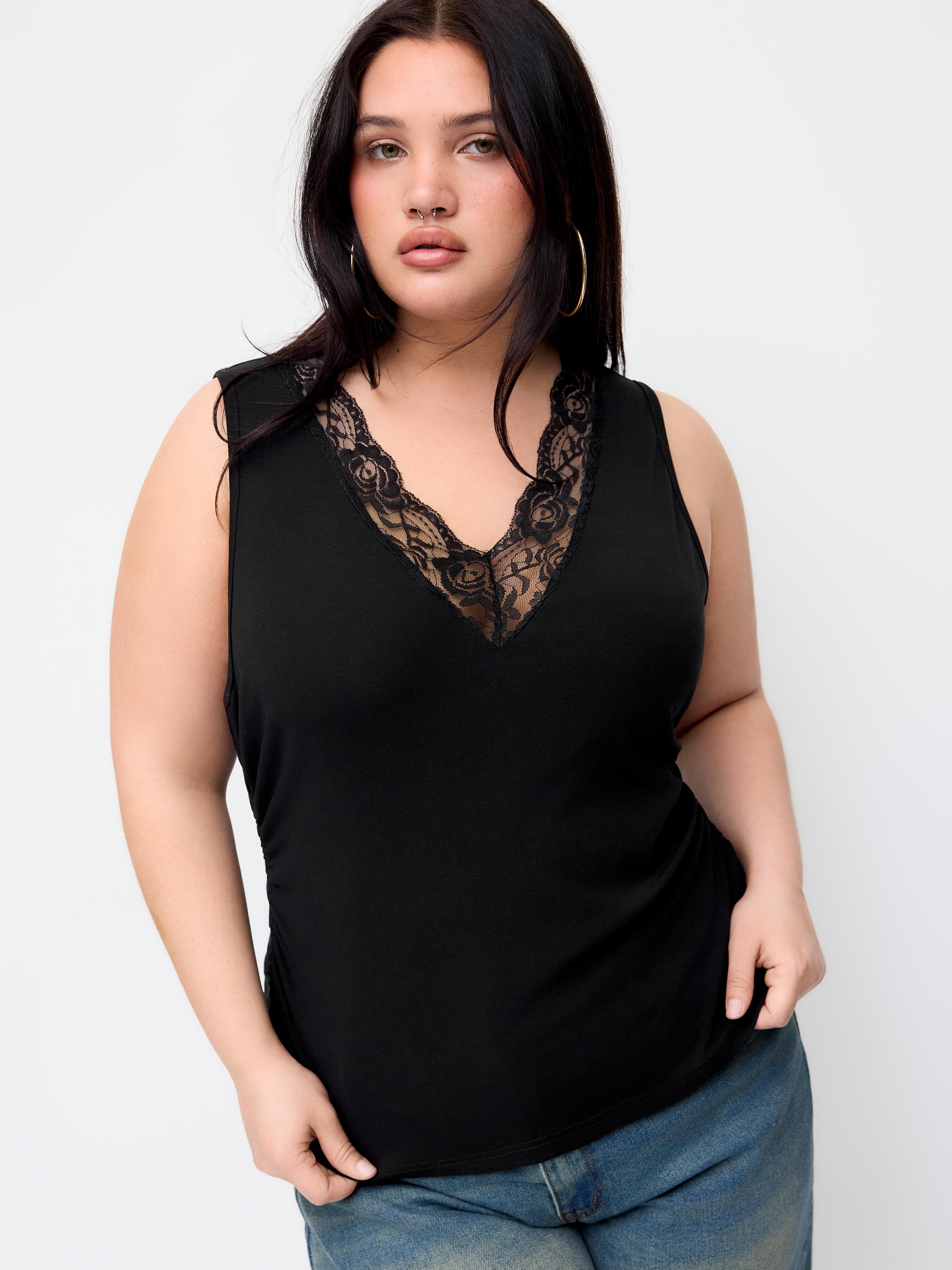 Cotton-blend V-neck Ruched Lace Trim Tank Top Curve & Plus by CIDER