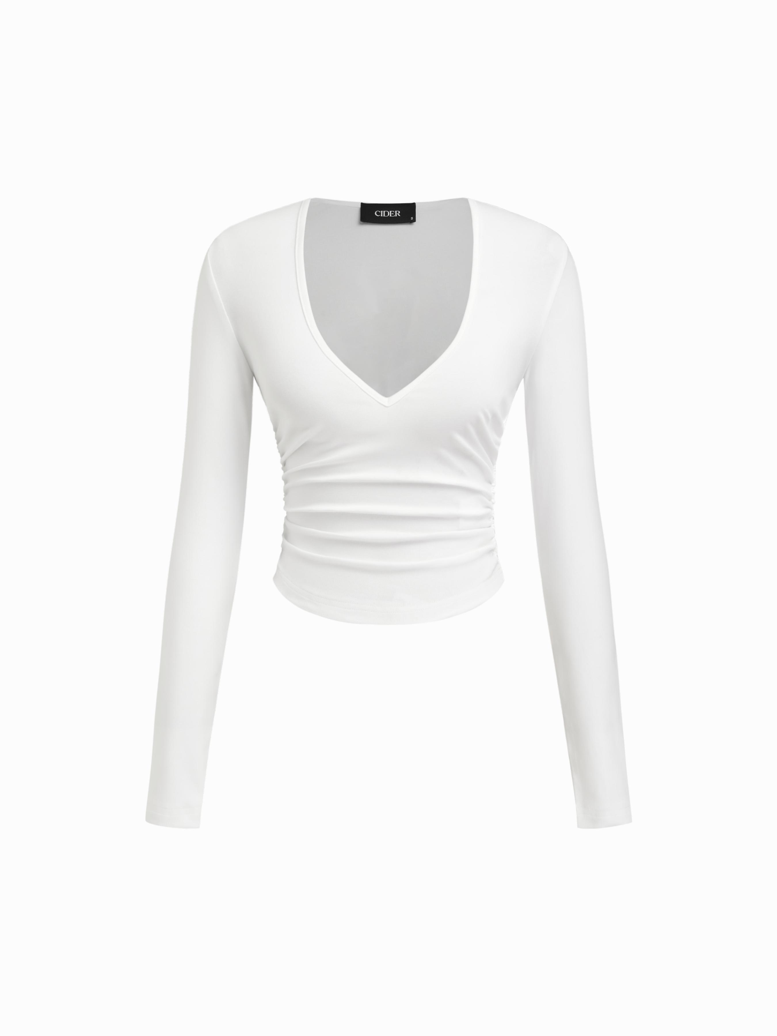 Cotton-blend V-neck Ruched Long Sleeve Tee by CIDER