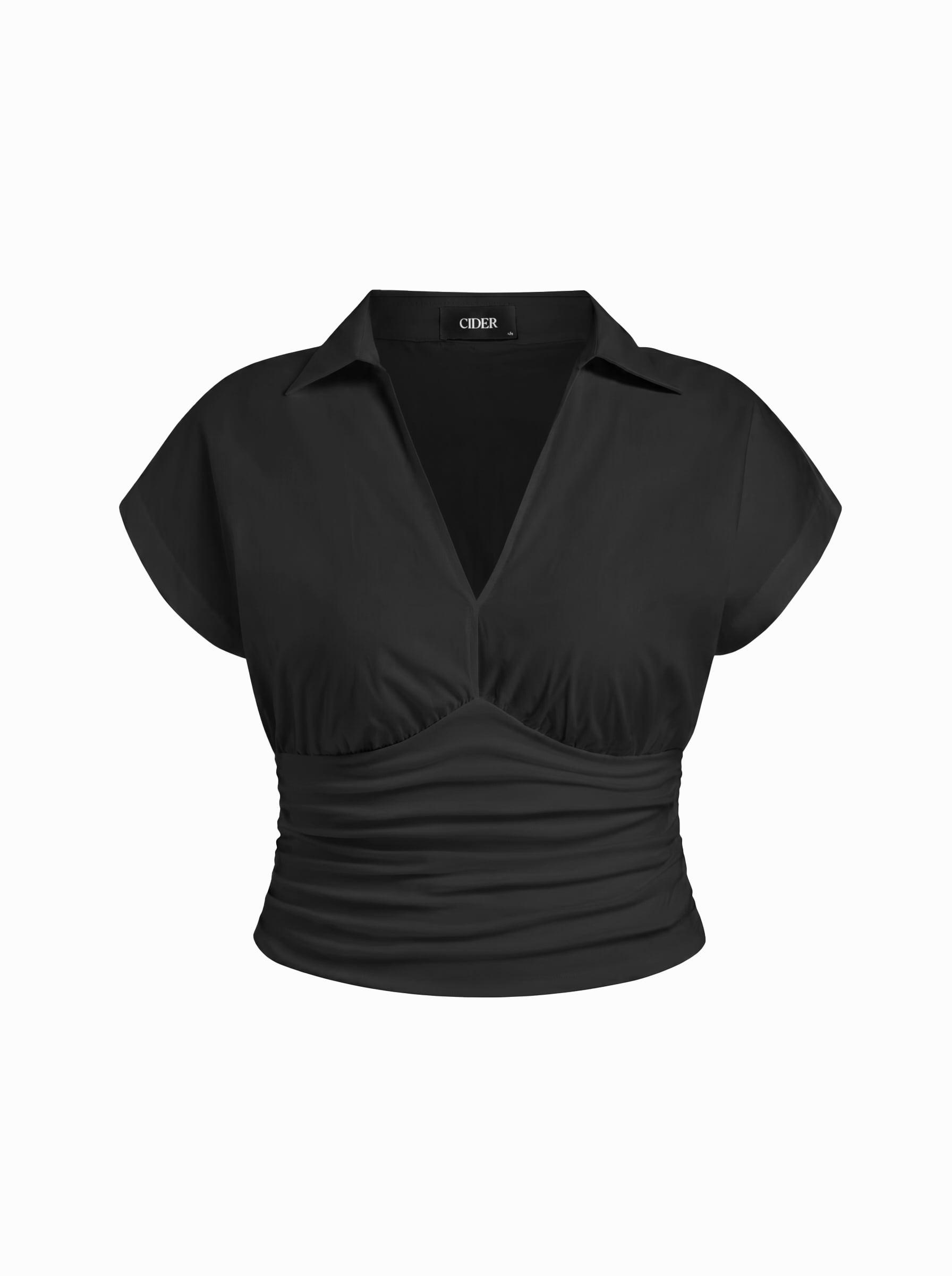 Cotton-blend V-neck Ruched Short Sleeve Blouse Curve & Plus by CIDER