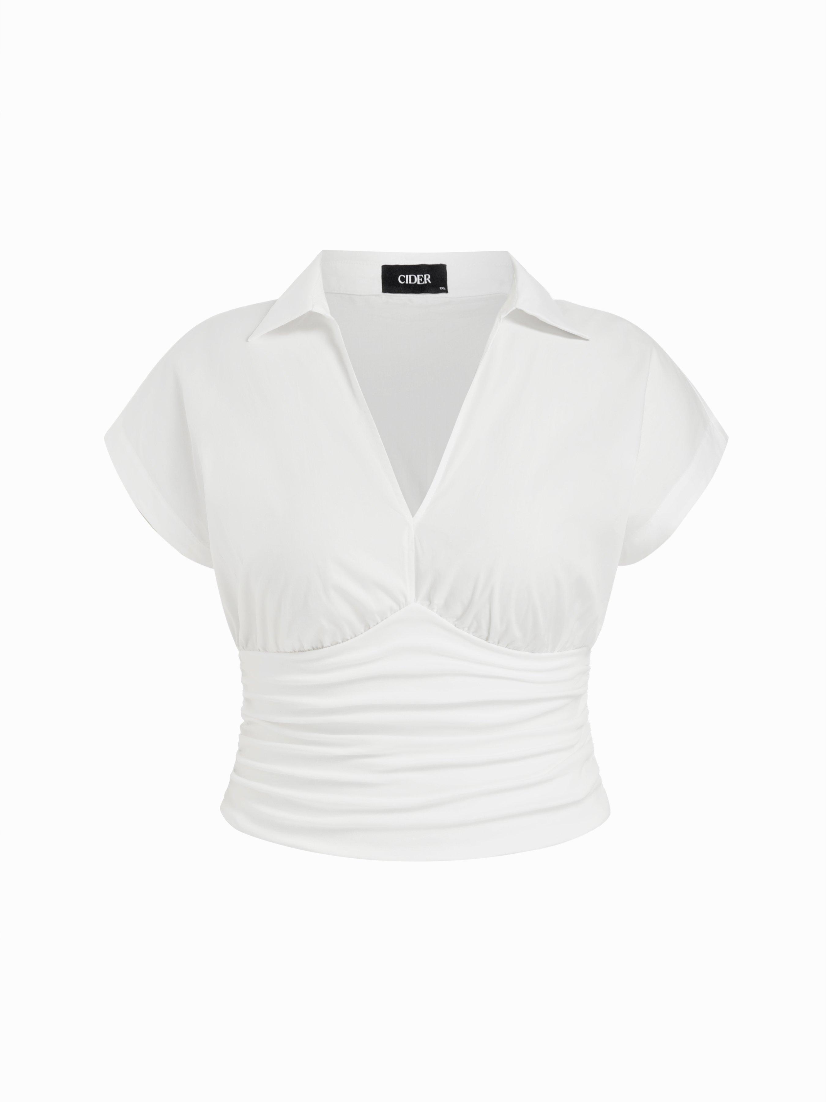Cotton-blend V-neck Ruched Short Sleeve Blouse Curve & Plus by CIDER