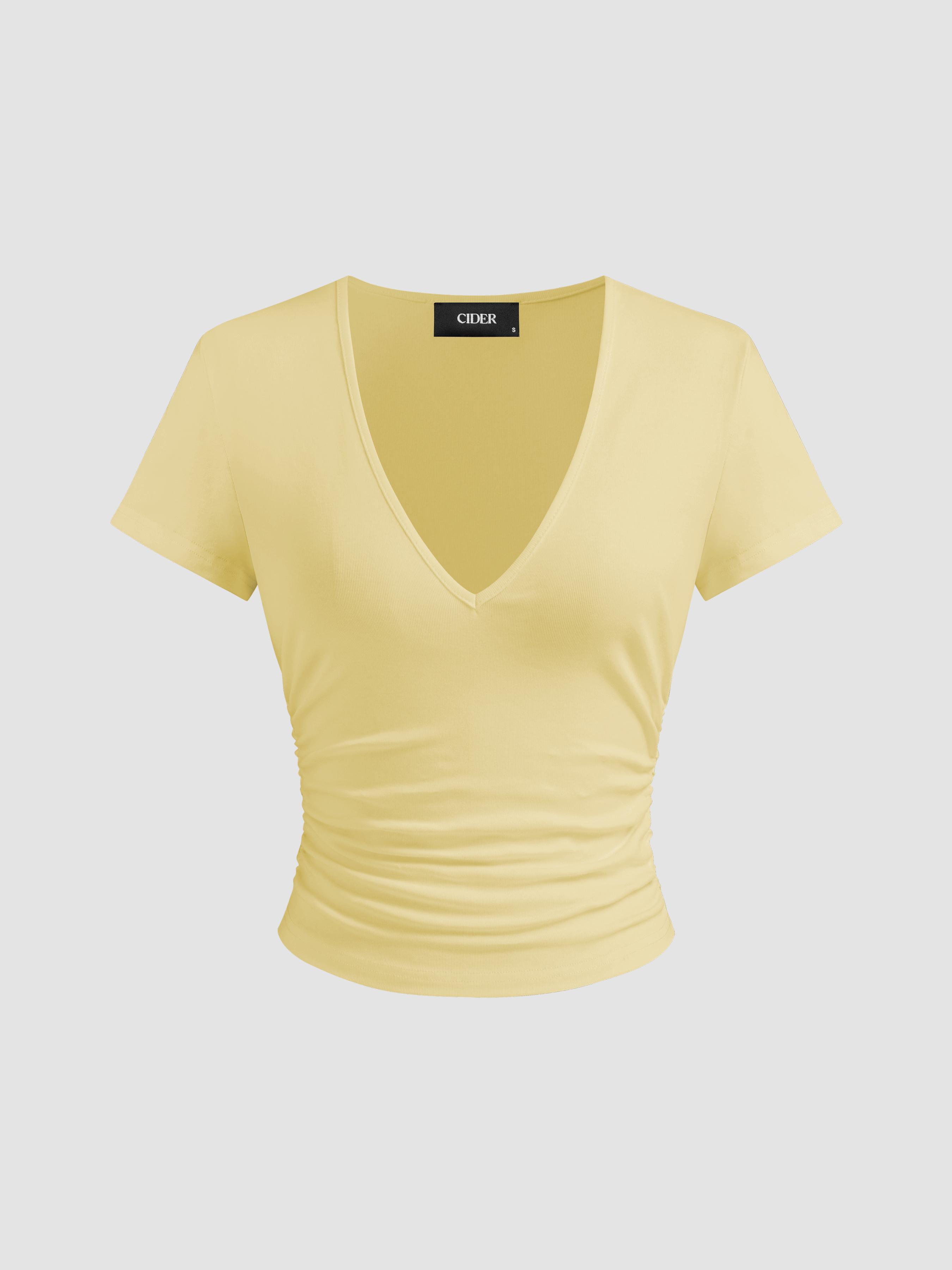 Cotton-blend V-neck Ruched Short Sleeve Tee by CIDER