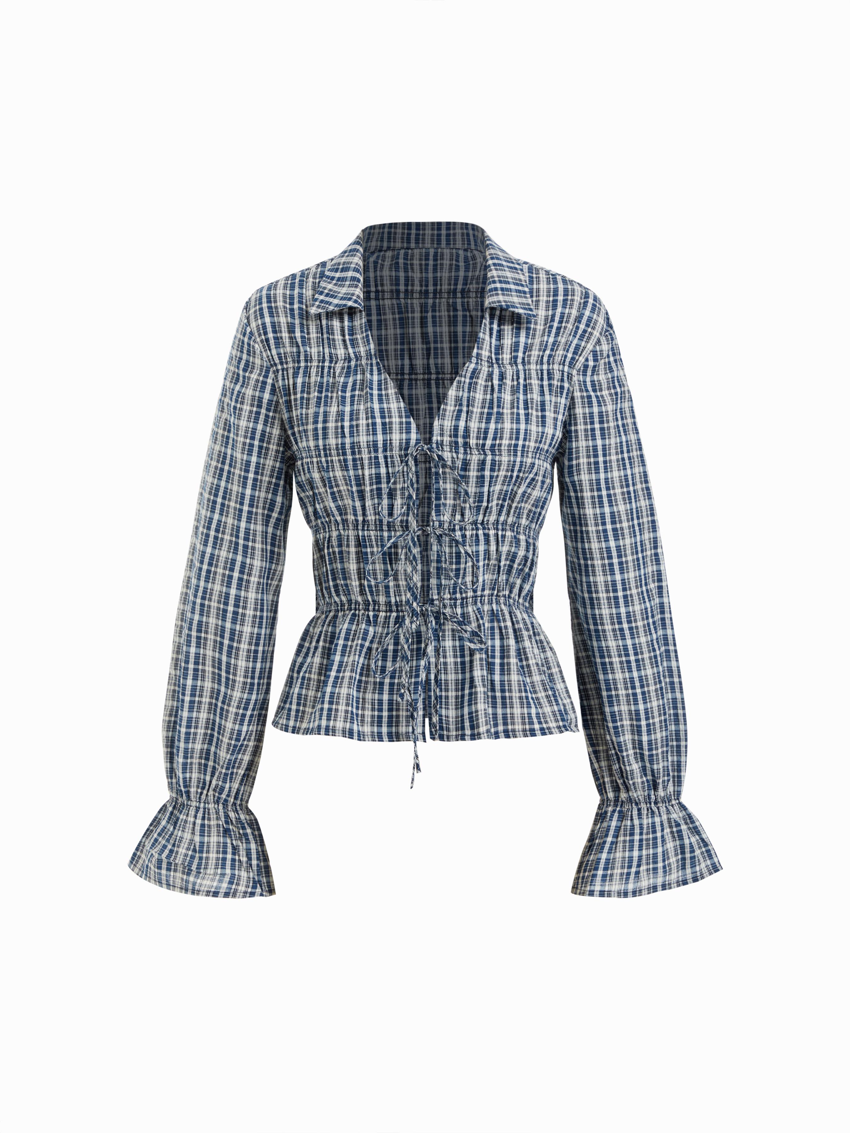 Cotton-blend V-neck Ruffle Sleeve Plaid Tie Front Shirred Blouse by CIDER