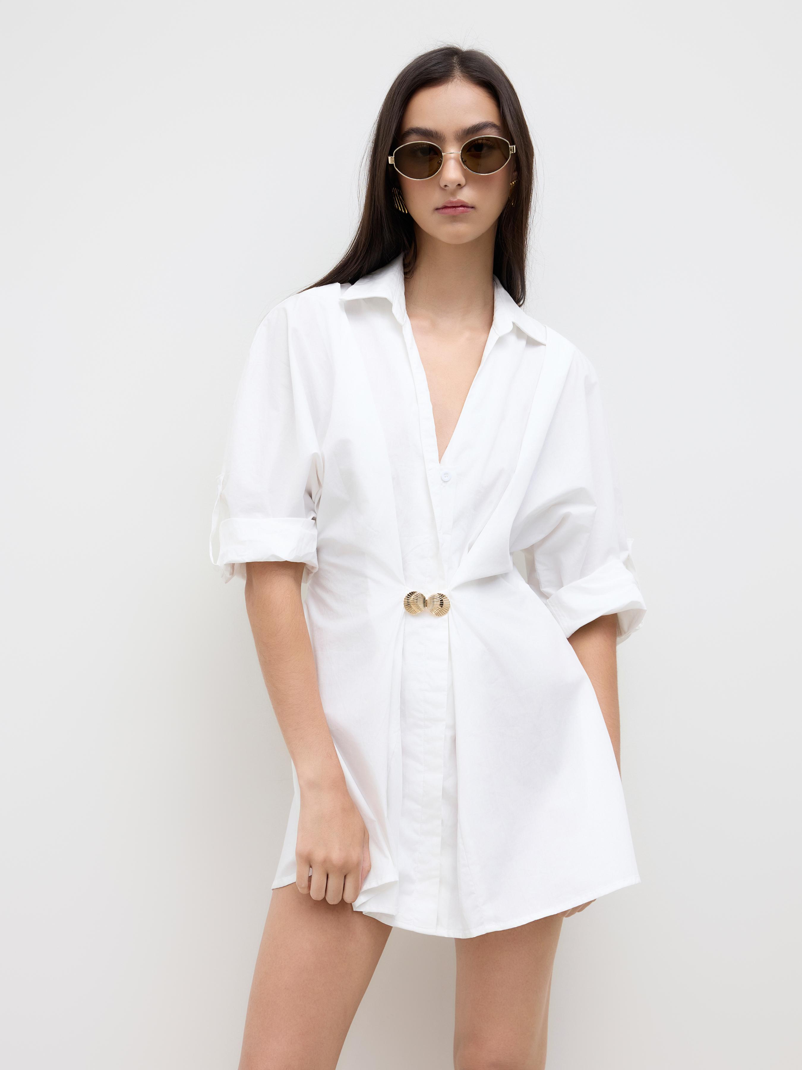Cotton-blend V-neck Shell Metal Detail Mini Dress by CIDER