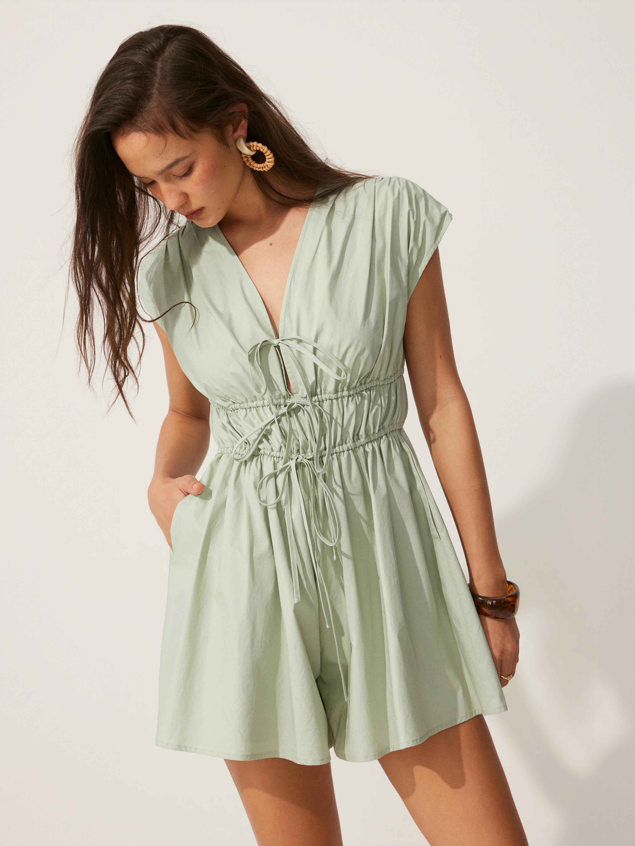 Cotton-blend V-neck Shirred Waist Mid Rise Romper by CIDER