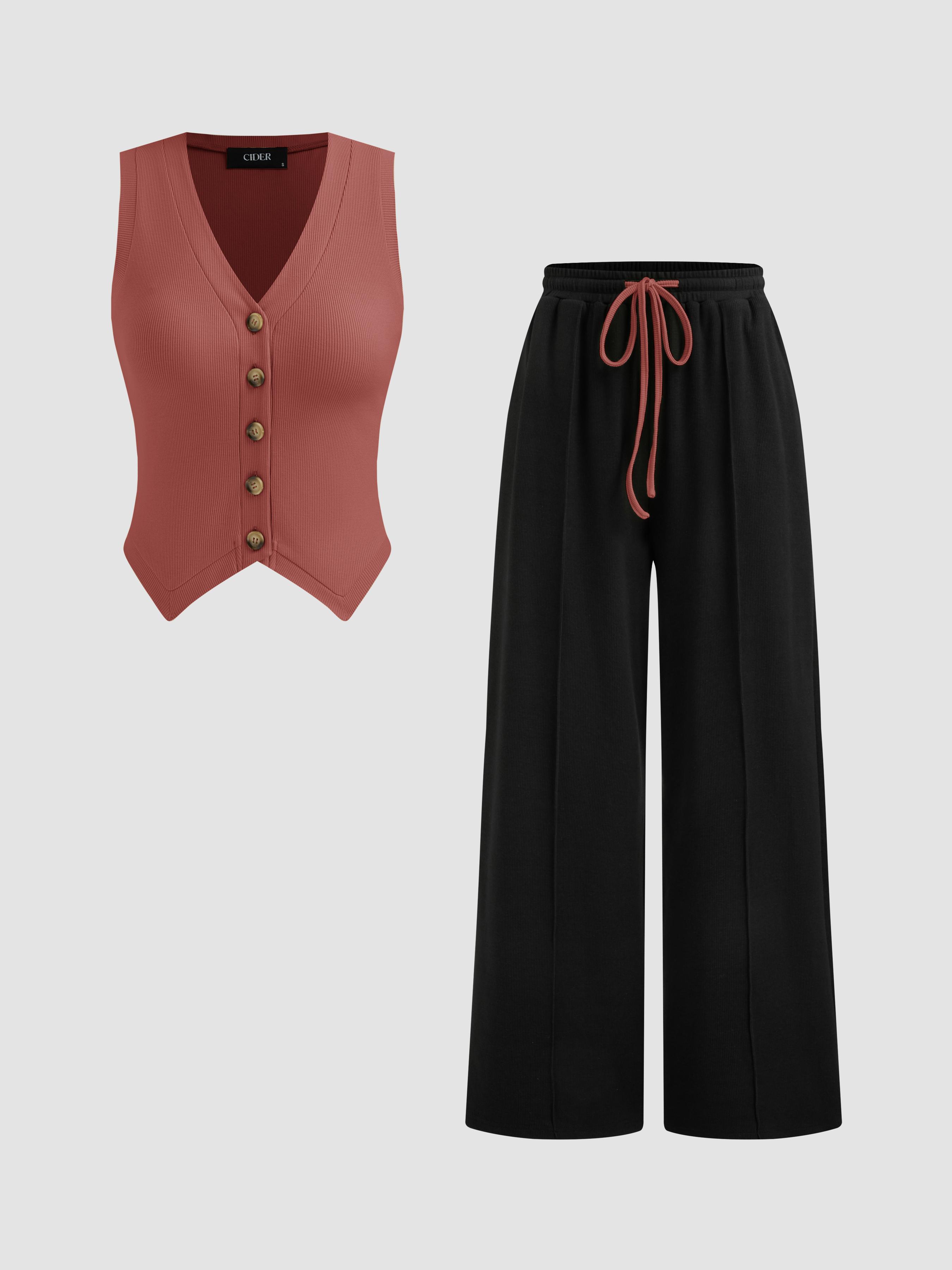 Cotton-blend V-neck Solid Button Vest & Mid Rise Knotted Pocket Straight Leg Trousers Set by CIDER