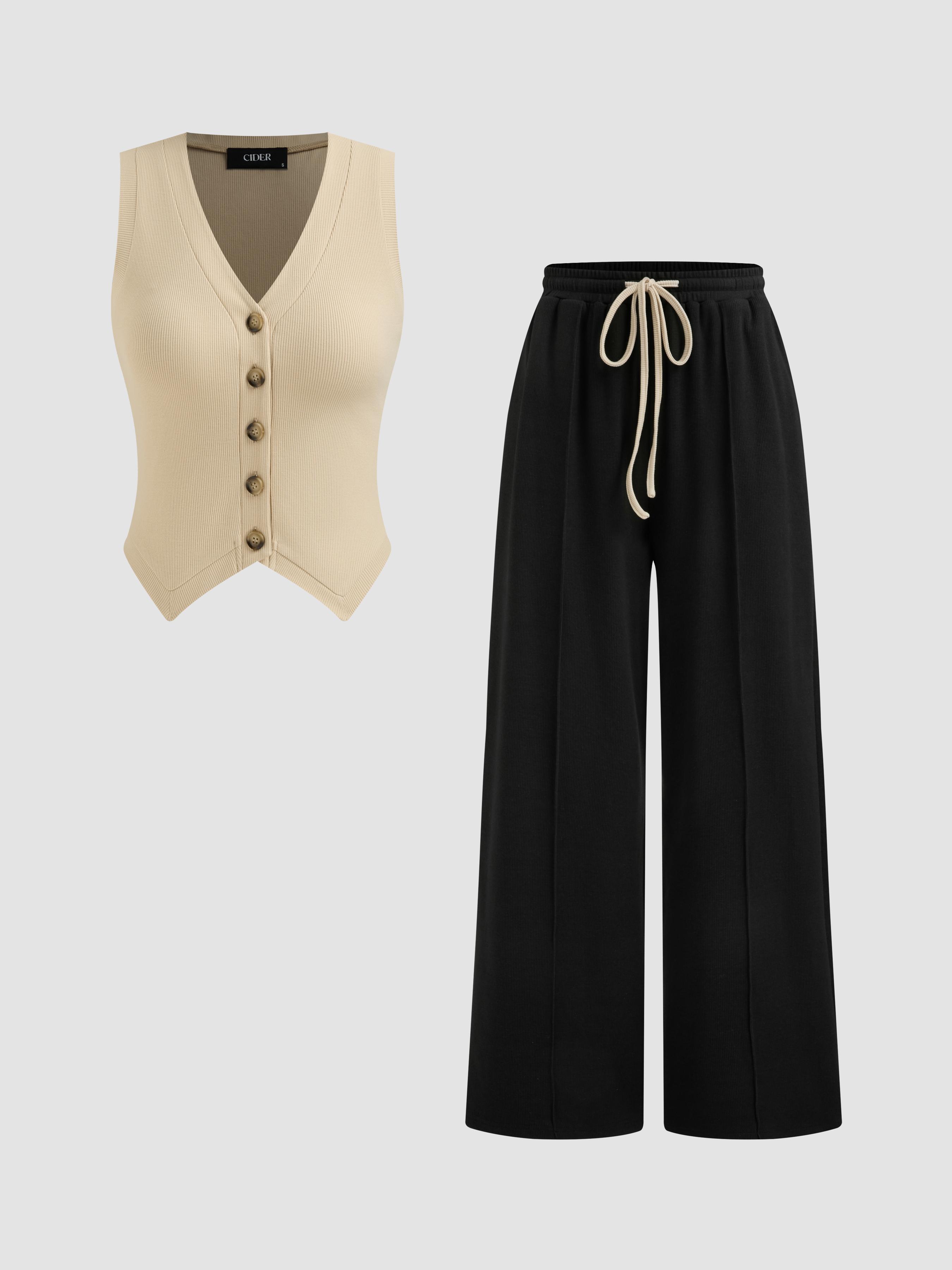 Cotton-blend V-neck Solid Button Vest & Mid Rise Knotted Pocket Straight Leg Trousers Set by CIDER