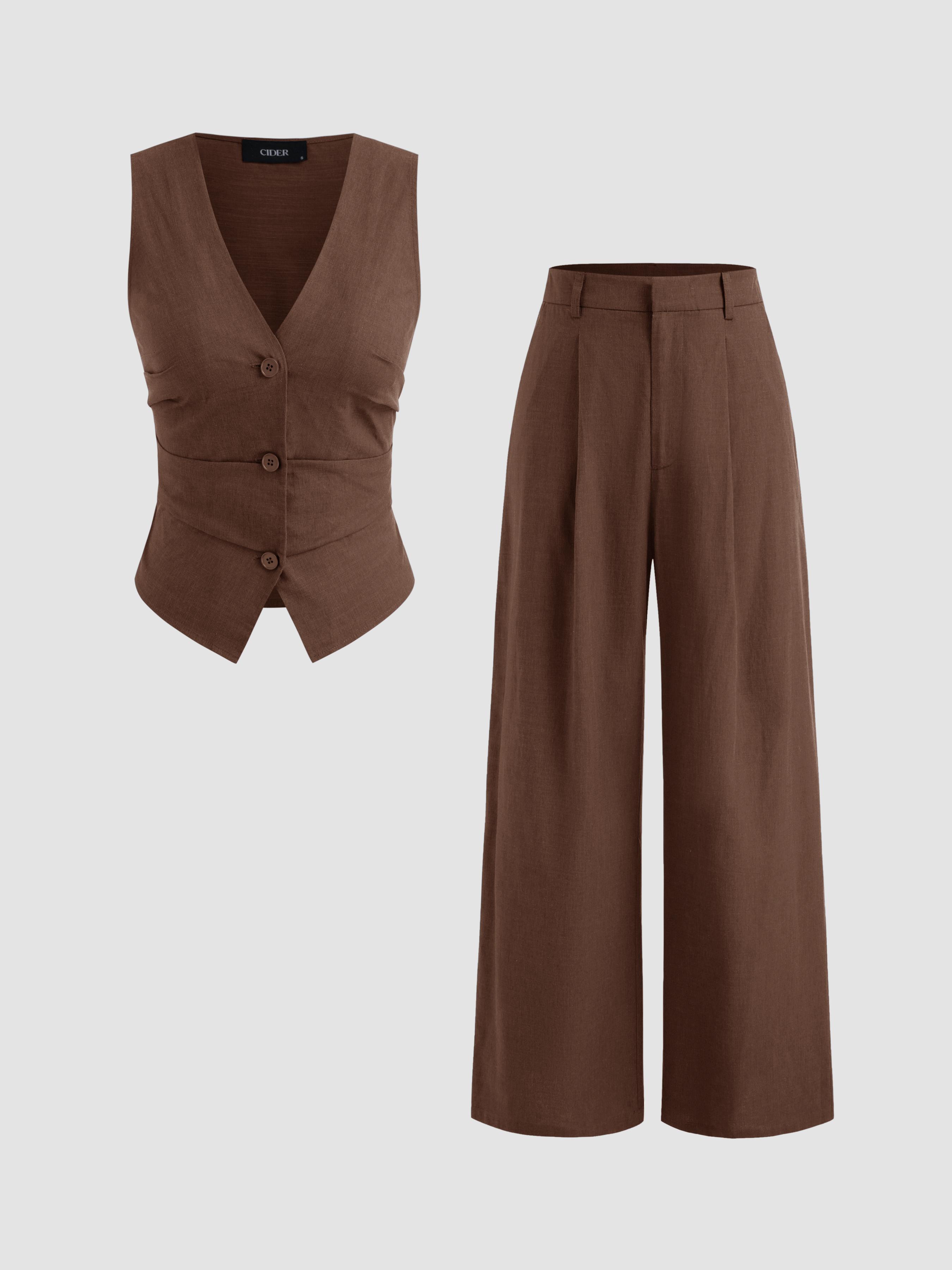 Cotton-blend V-neck Solid Button Vest & Mid Rise Pocket Wide Leg Trousers by CIDER