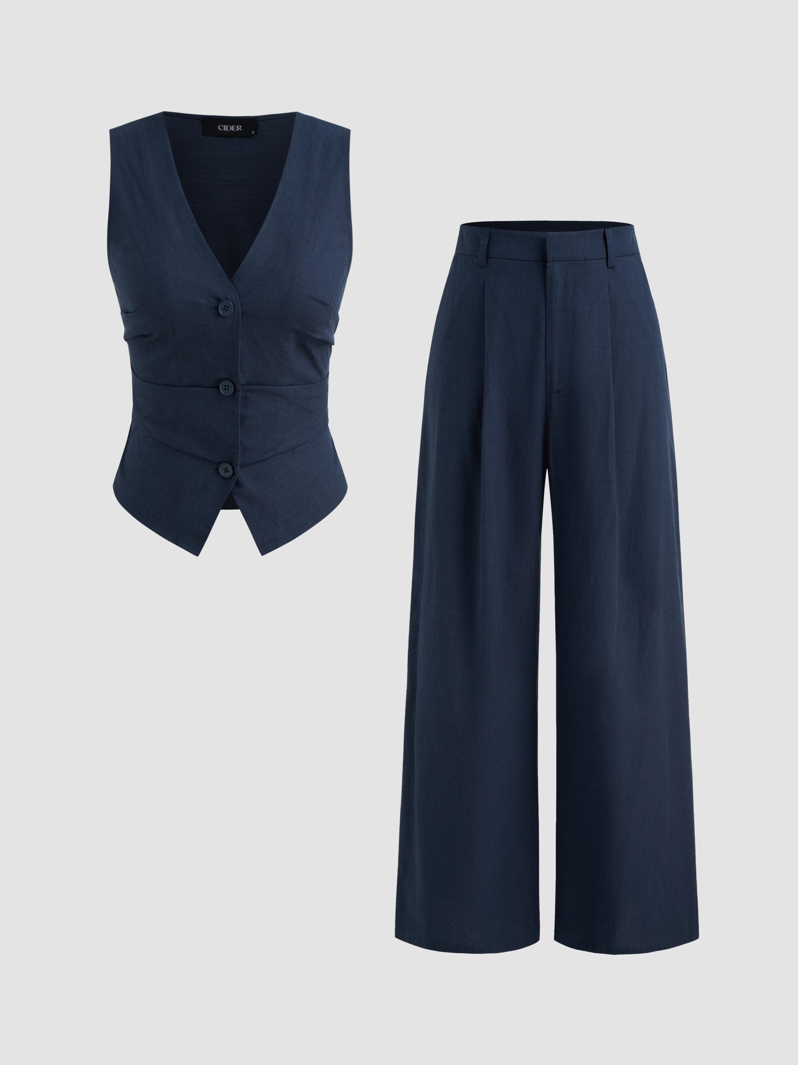 Cotton-blend V-neck Solid Button Vest & Mid Rise Pocket Wide Leg Trousers by CIDER
