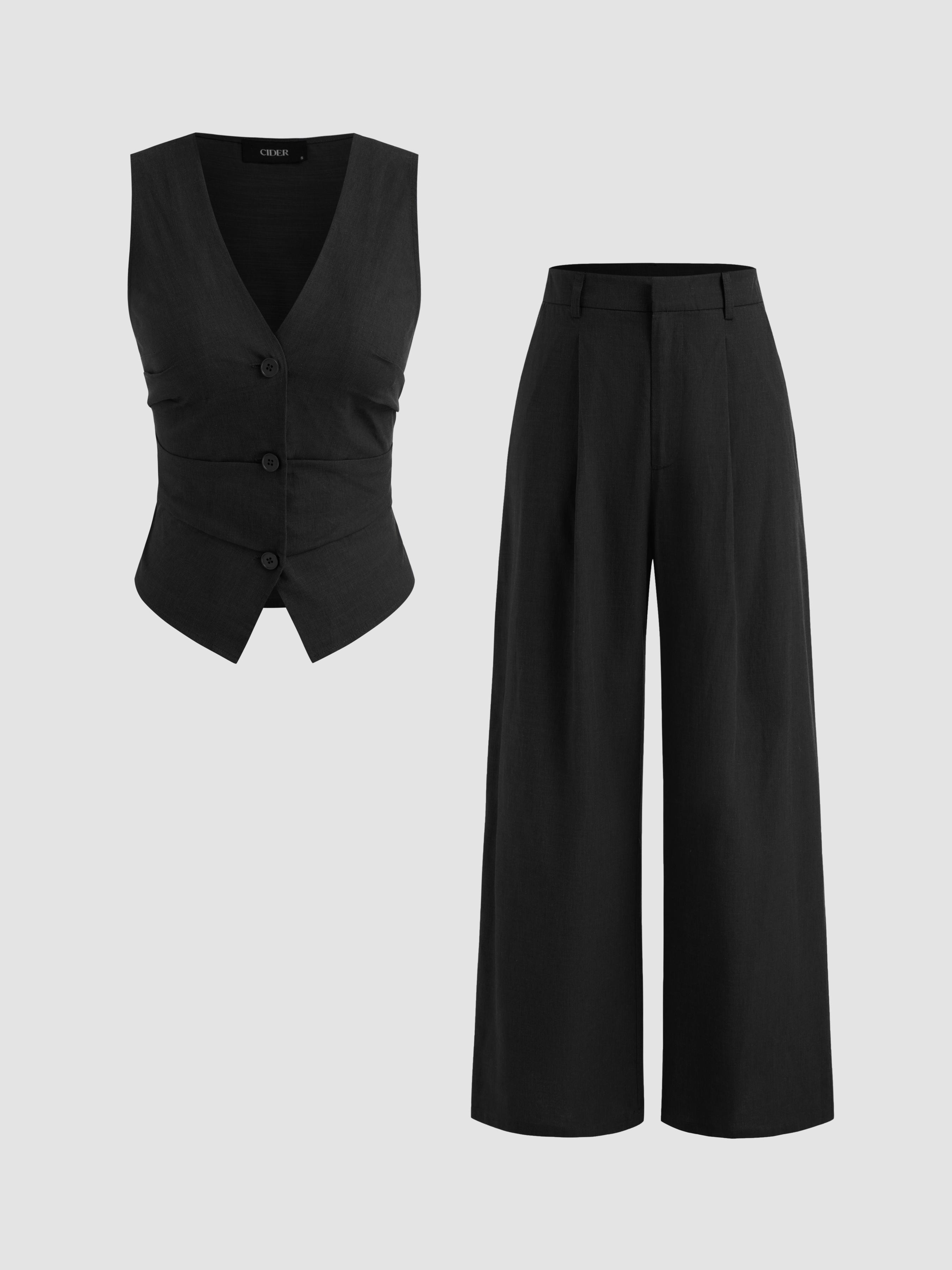 Cotton-blend V-neck Solid Button Vest & Mid Rise Pocket Wide Leg Trousers by CIDER