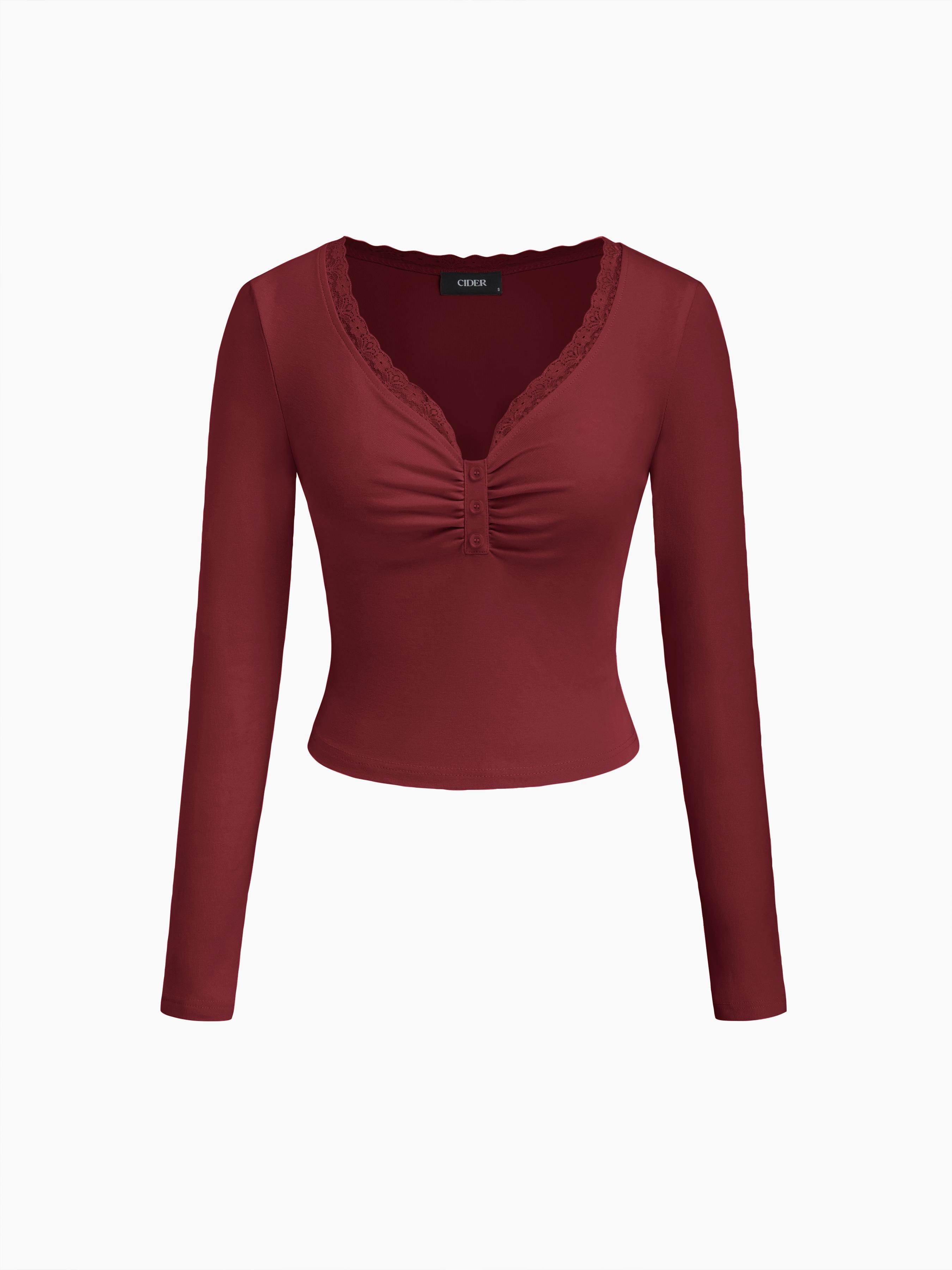 Cotton-blend V-neck Solid Lace Trim Button Ruched Long Sleeve Top by CIDER