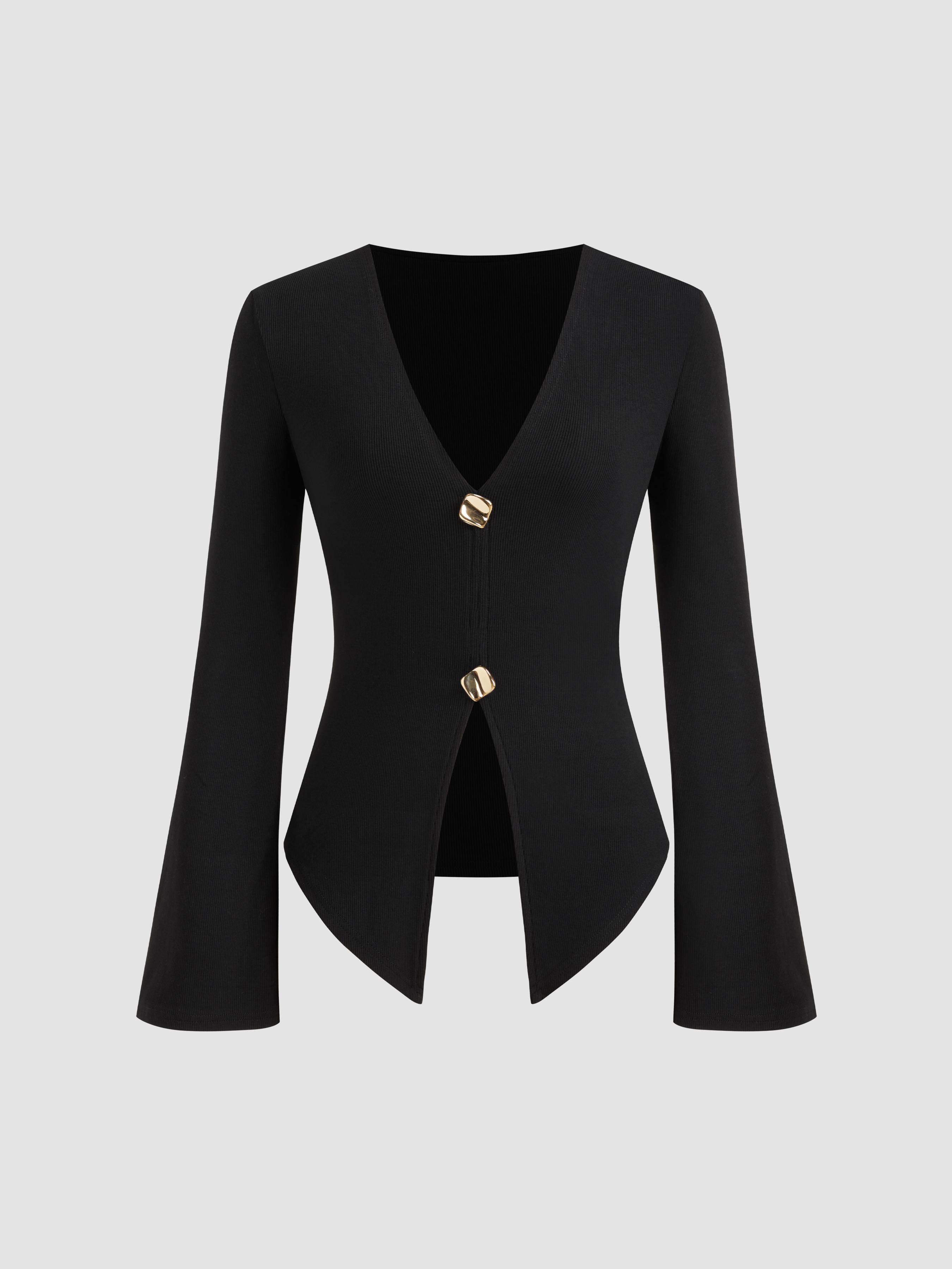 Cotton-blend V-neck Split Long Sleeve Top by CIDER