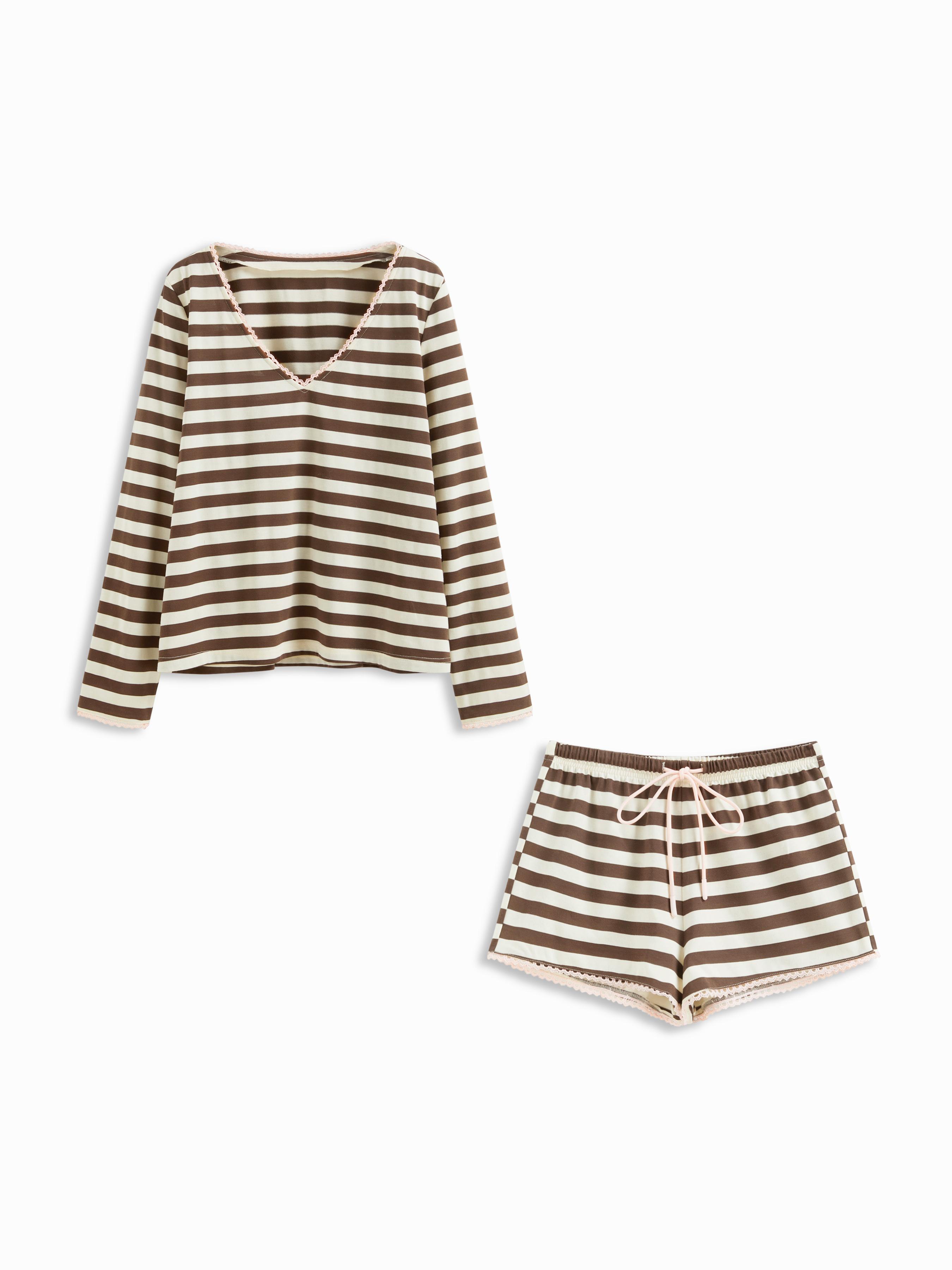 Cotton-blend V-neck Stripe Long Sleeve Top & Mid Rise Drawstring Lounge Shorts Loungewear Set by CIDER