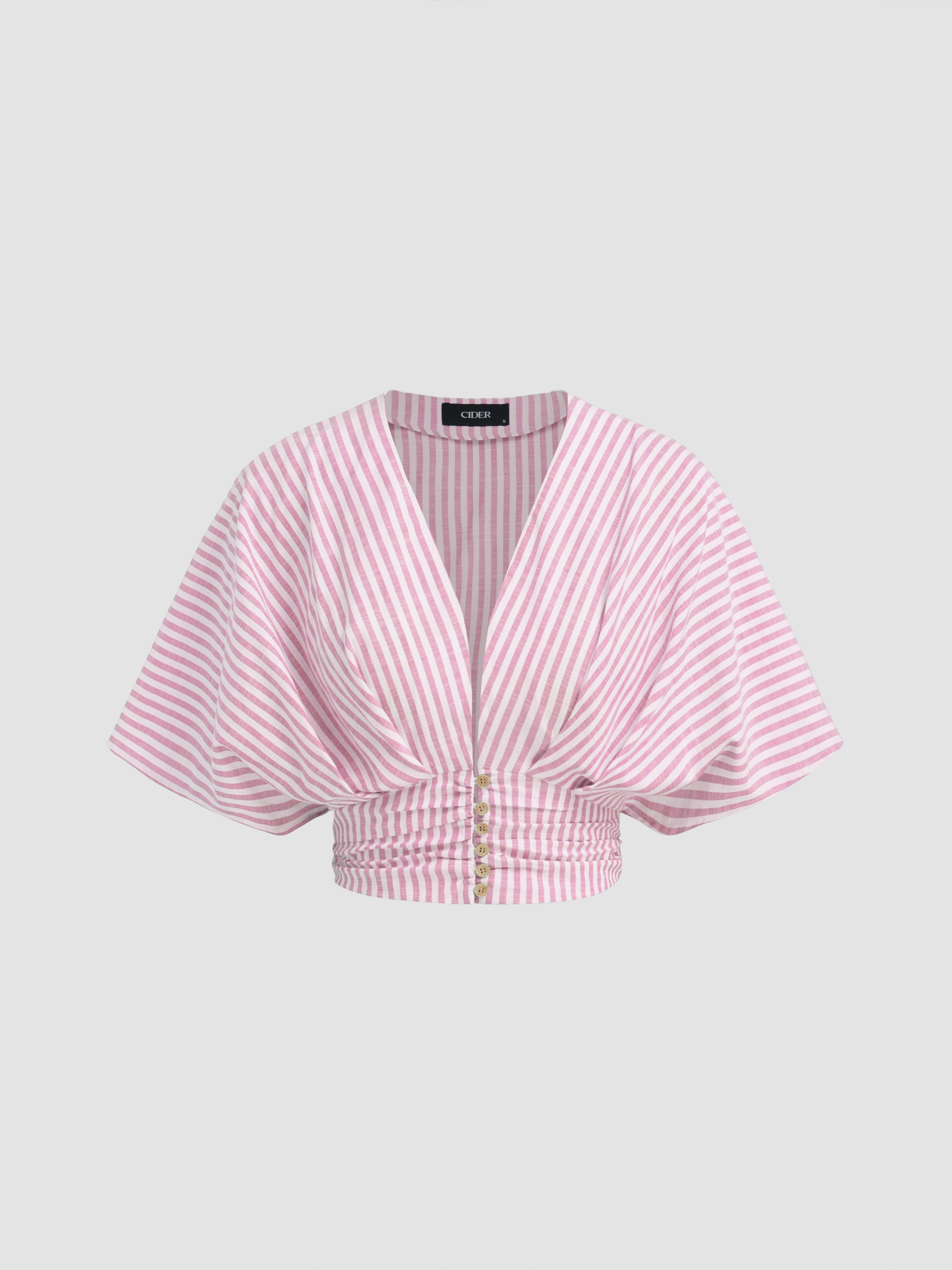 Cotton-blend V-neck Stripe Ruched Dolman Sleeve Shirt by CIDER
