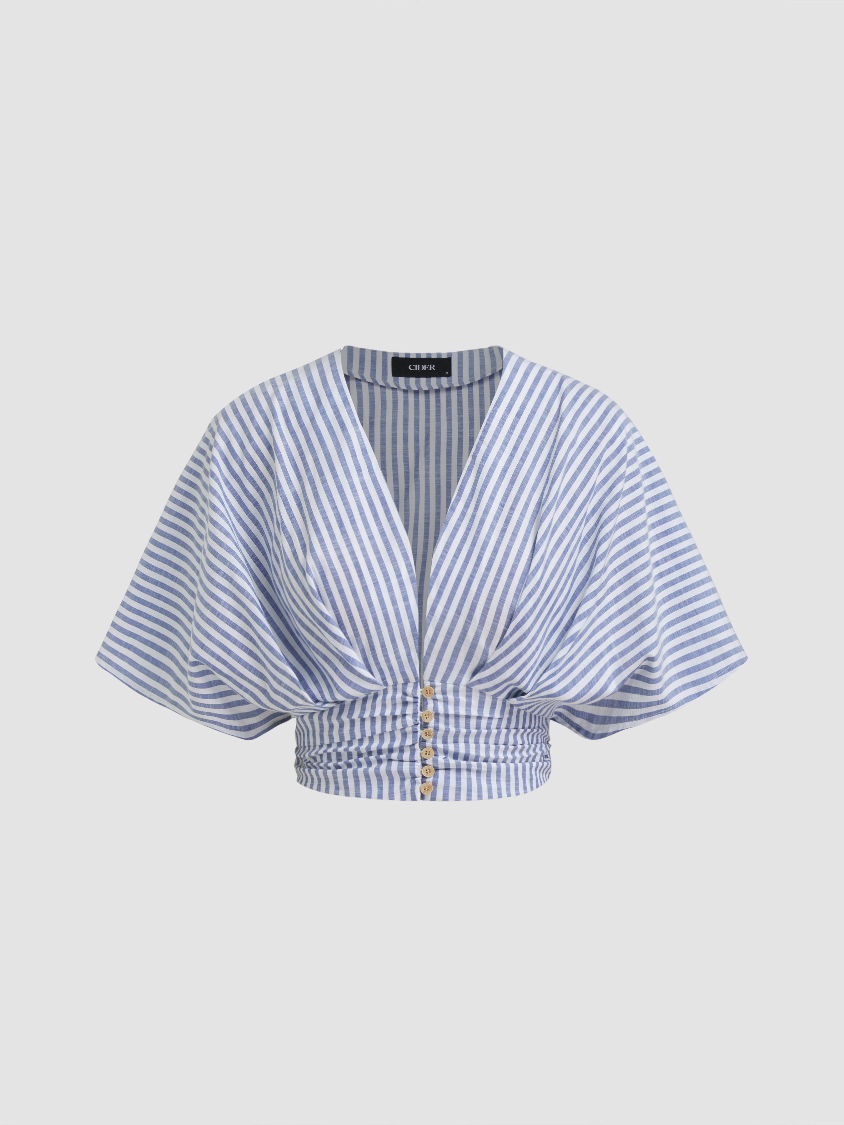 Cotton-blend V-neck Stripe Ruched Dolman Sleeve Shirt by CIDER