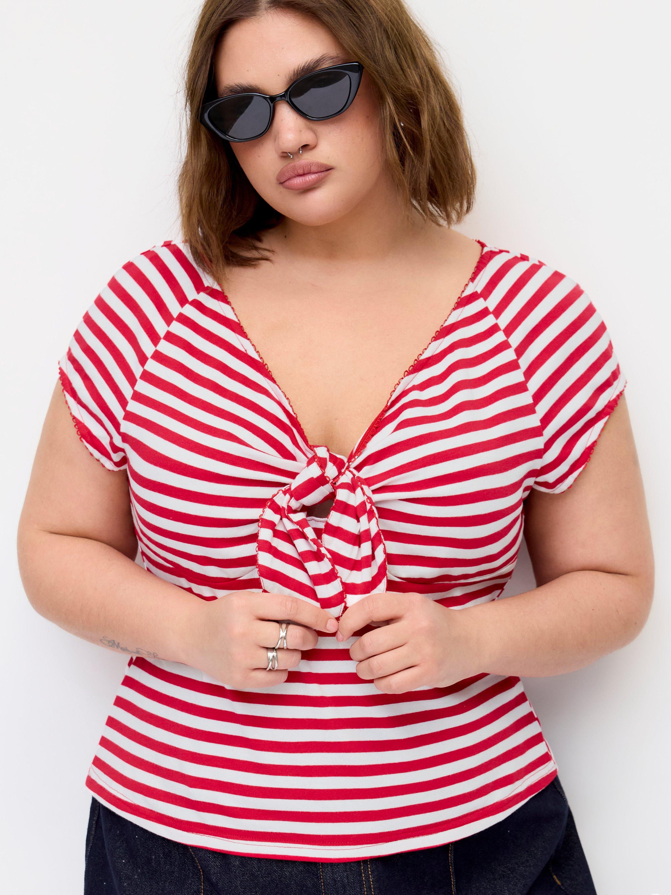 Cotton-blend V-neck Stripe Twist Short Sleeve Tee Curve & Plus by CIDER
