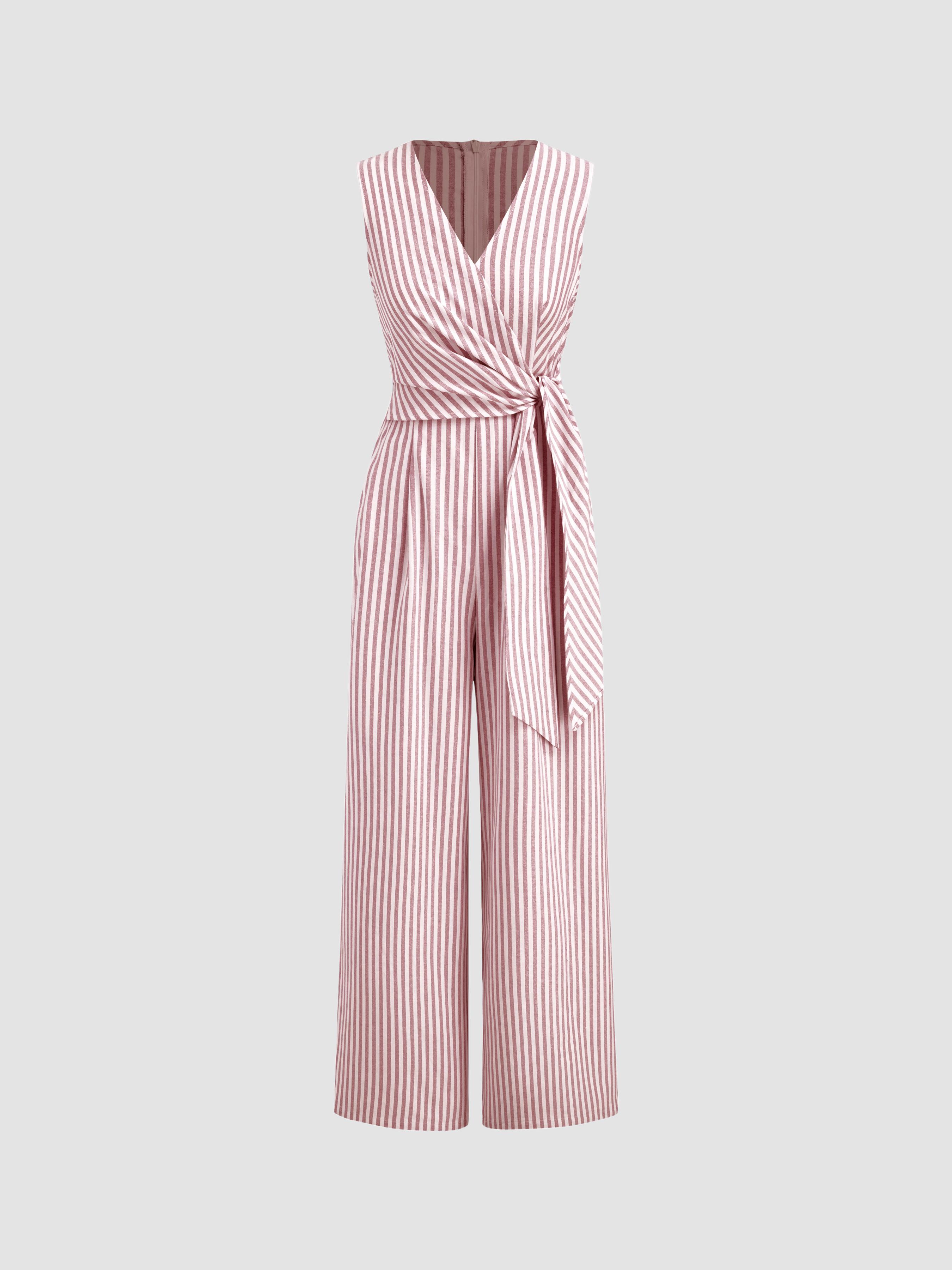 Cotton-blend V-neck Striped Knotted Wide Leg Jumpsuit by CIDER