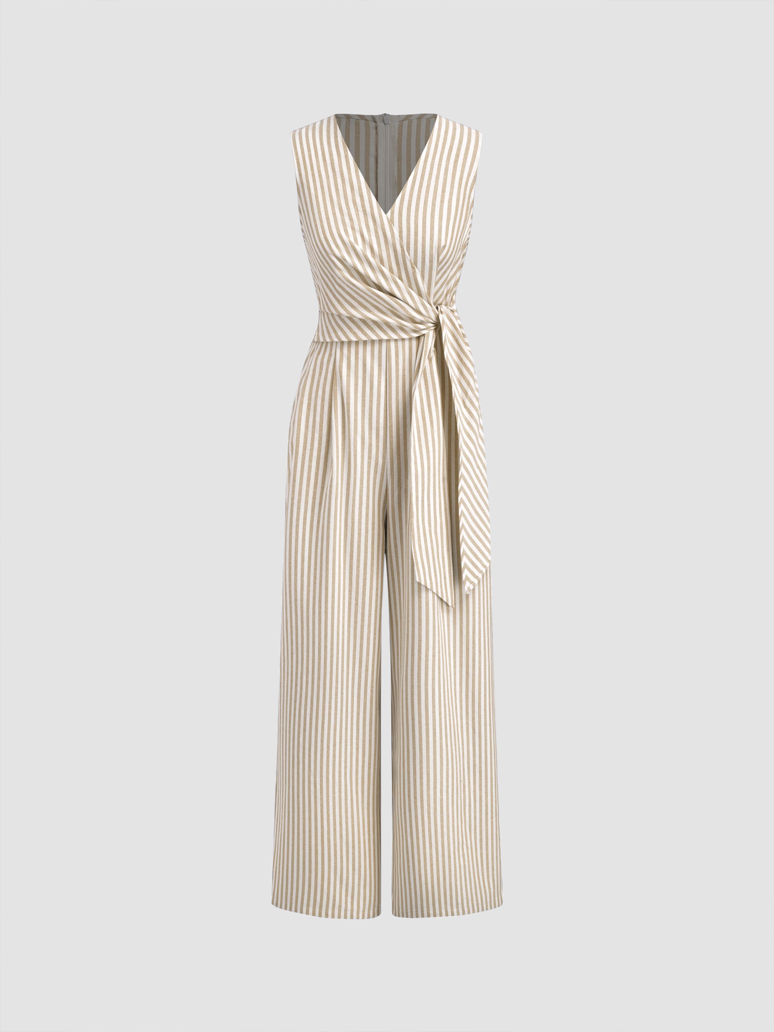 Cotton-blend V-neck Striped Knotted Wide Leg Jumpsuit by CIDER