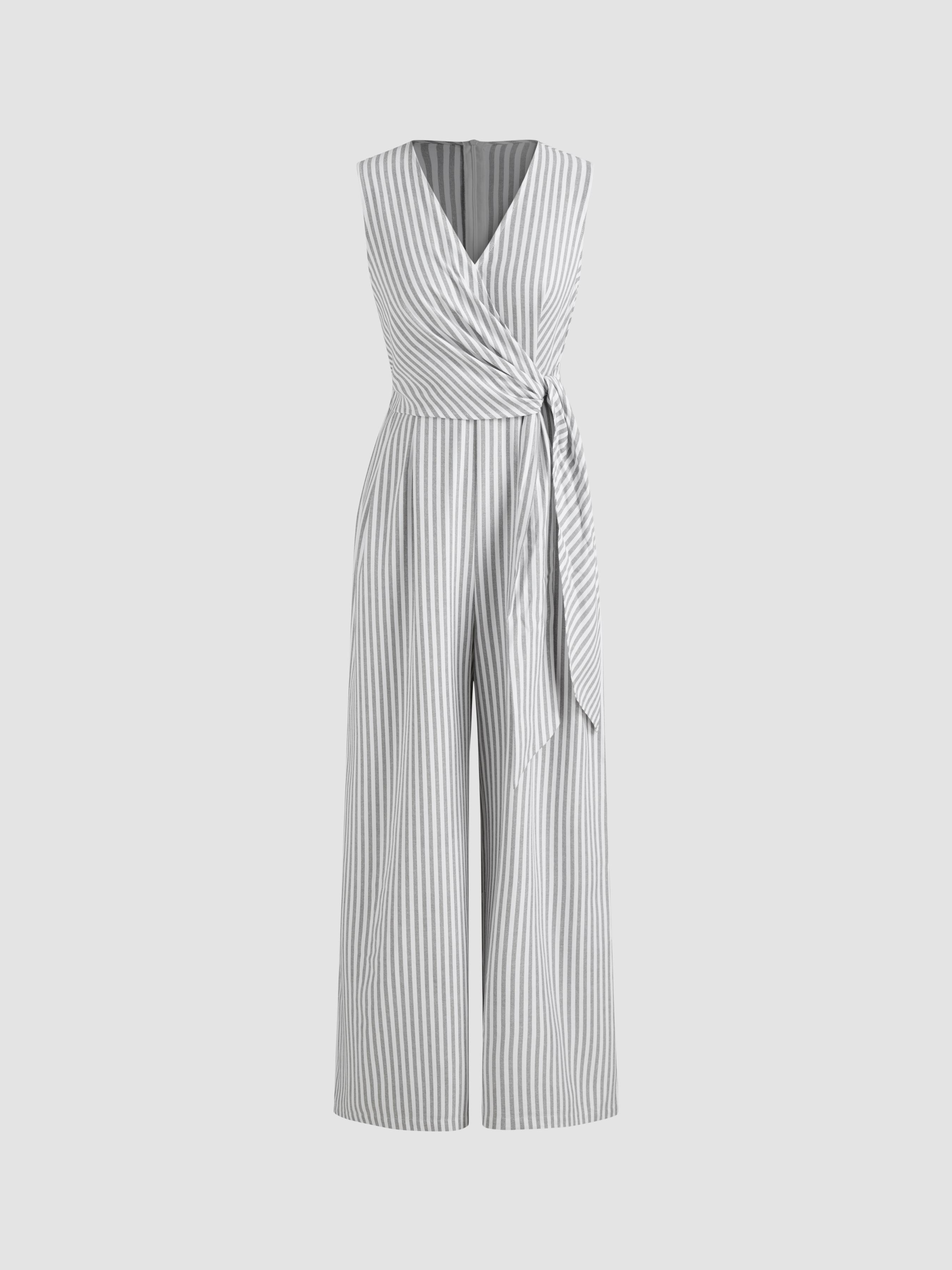 Cotton-blend V-neck Striped Knotted Wide Leg Jumpsuit by CIDER