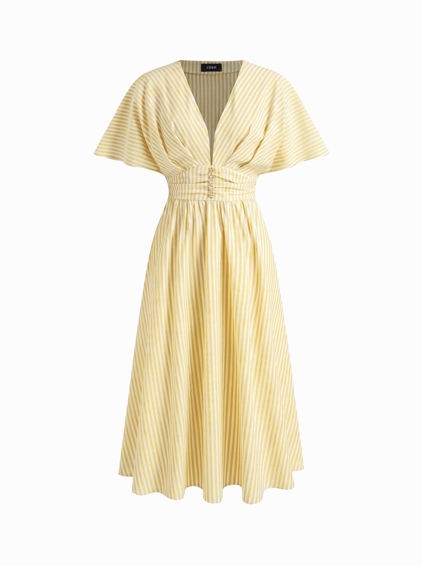 Cotton-blend V-neck Striped Ruched Button Maxi Dress by CIDER