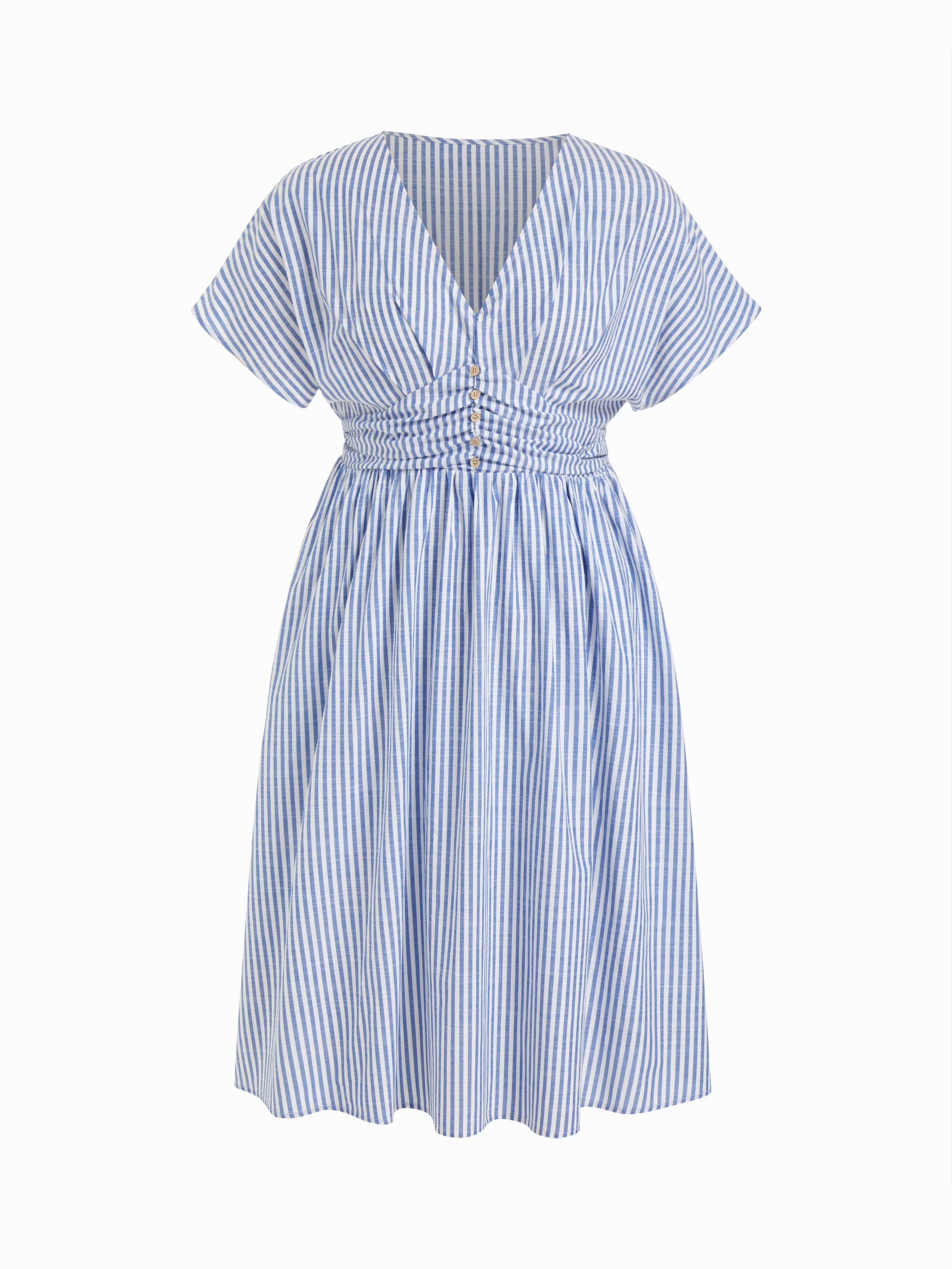 Cotton-blend V-neck Striped Ruched Button Maxi Dress Curve & Plus by CIDER
