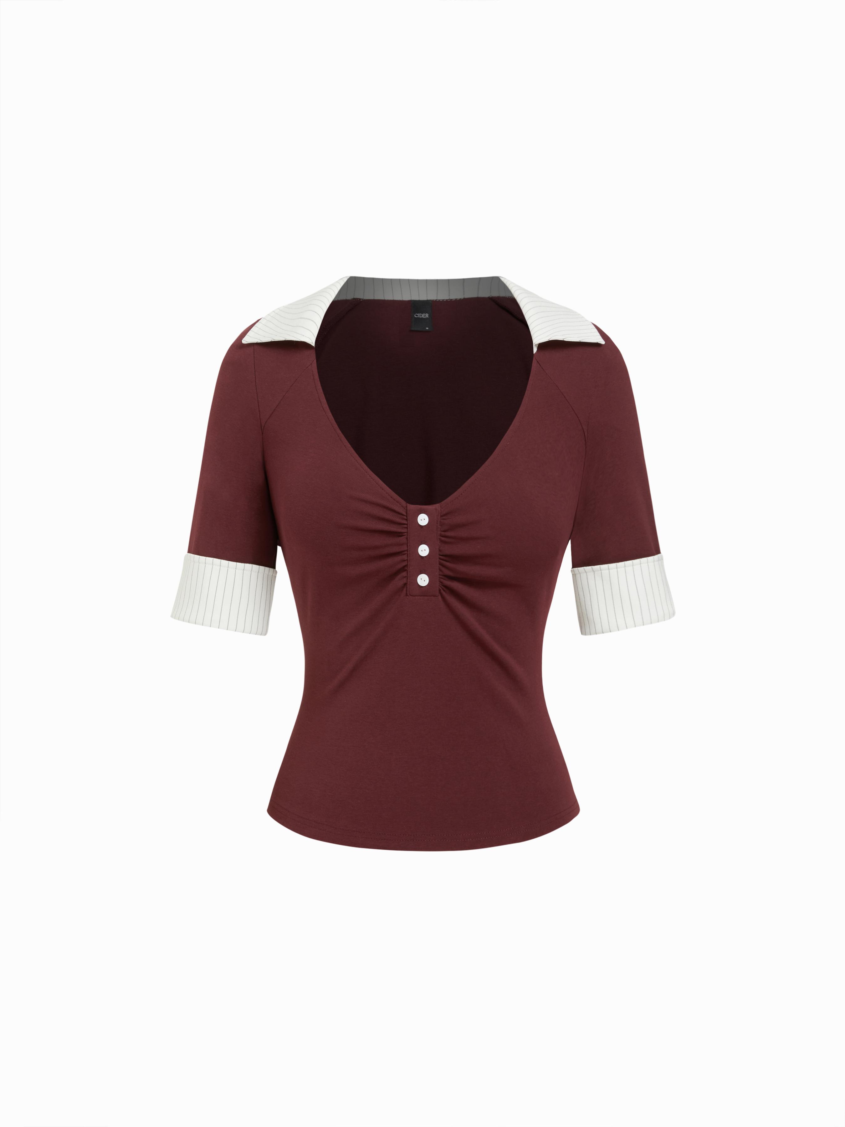 Cotton-blend V-neck Striped Two Tone Button Mid-length Sleeve Blouse by CIDER