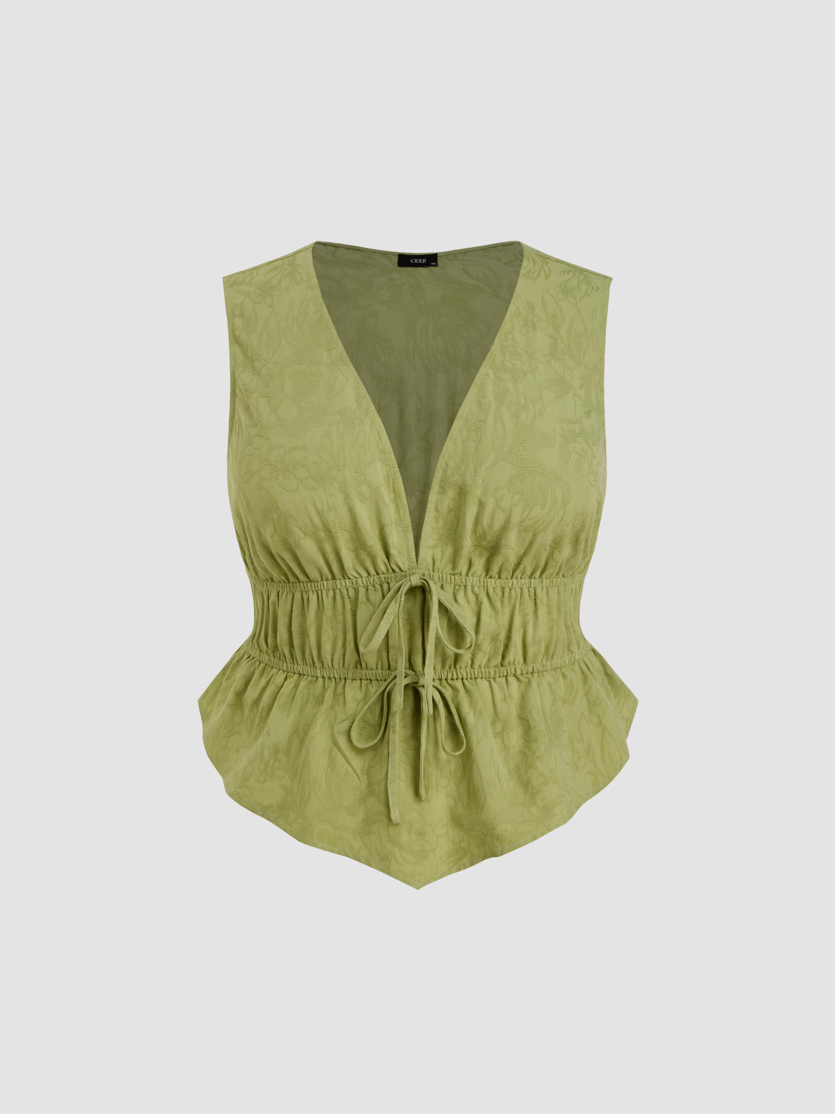 Cotton-blend V-neck Tie Front Shirred Blouse Curve & Plus by CIDER