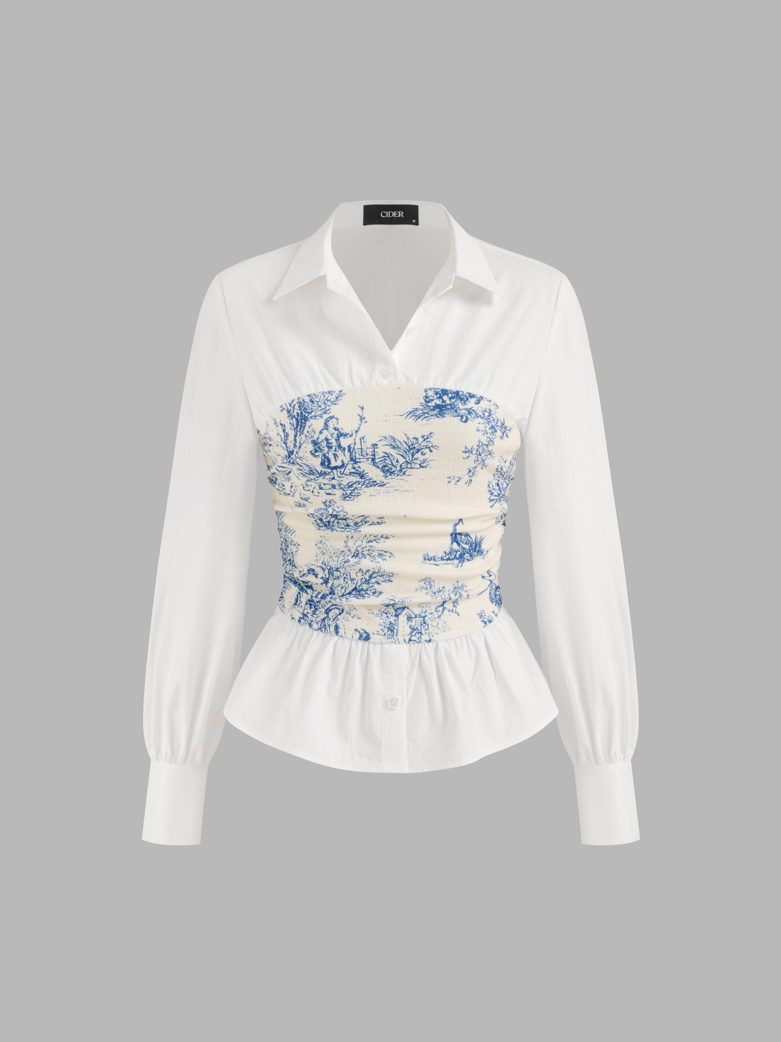 Cotton-blend V-neck Toile de Jouy Ruched Long Sleeve Blouse by CIDER