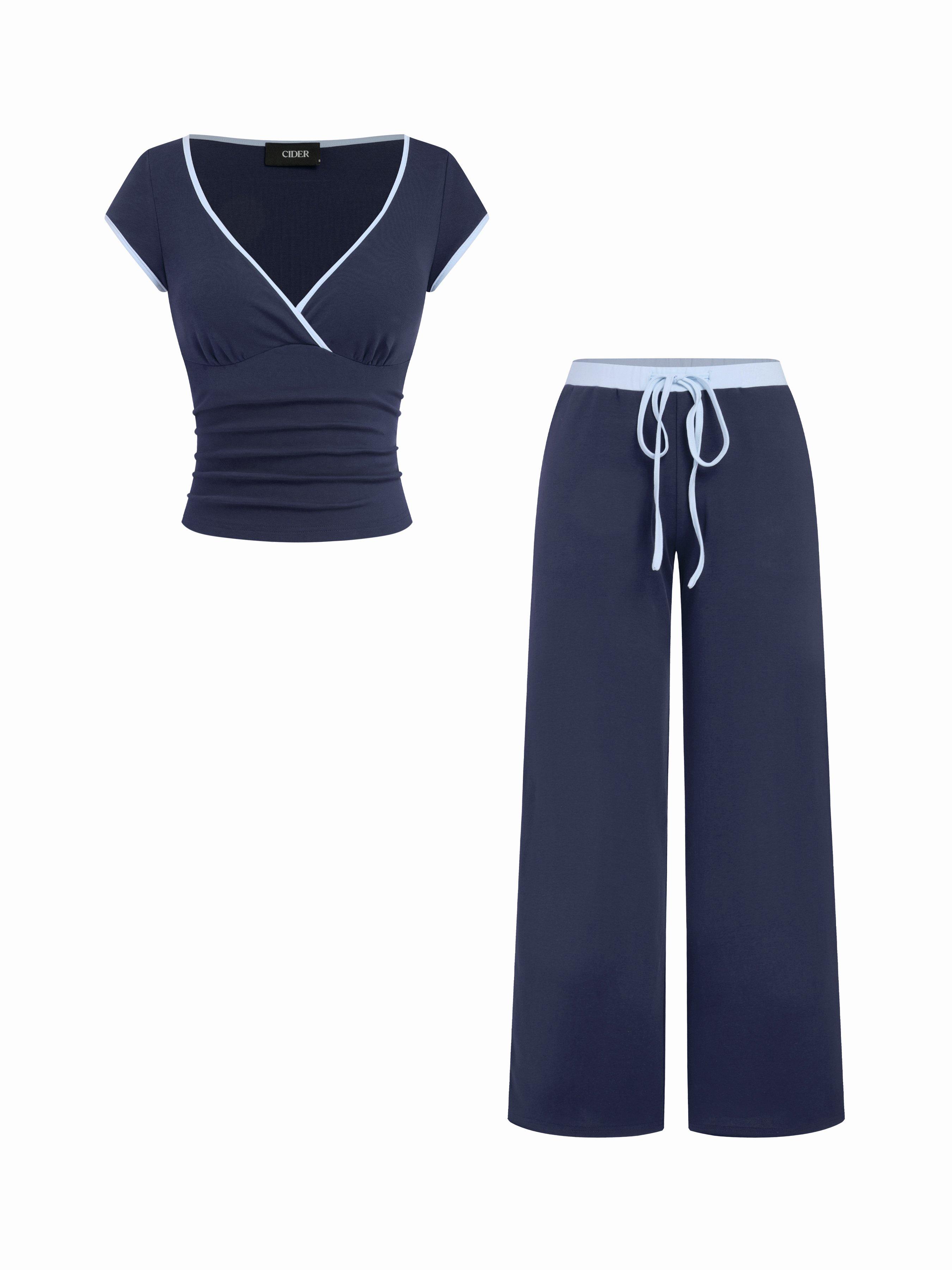 Cotton-blend V-neck Two Tone Top & Mid Rise Drawstring Straight Leg Trousers Set by CIDER