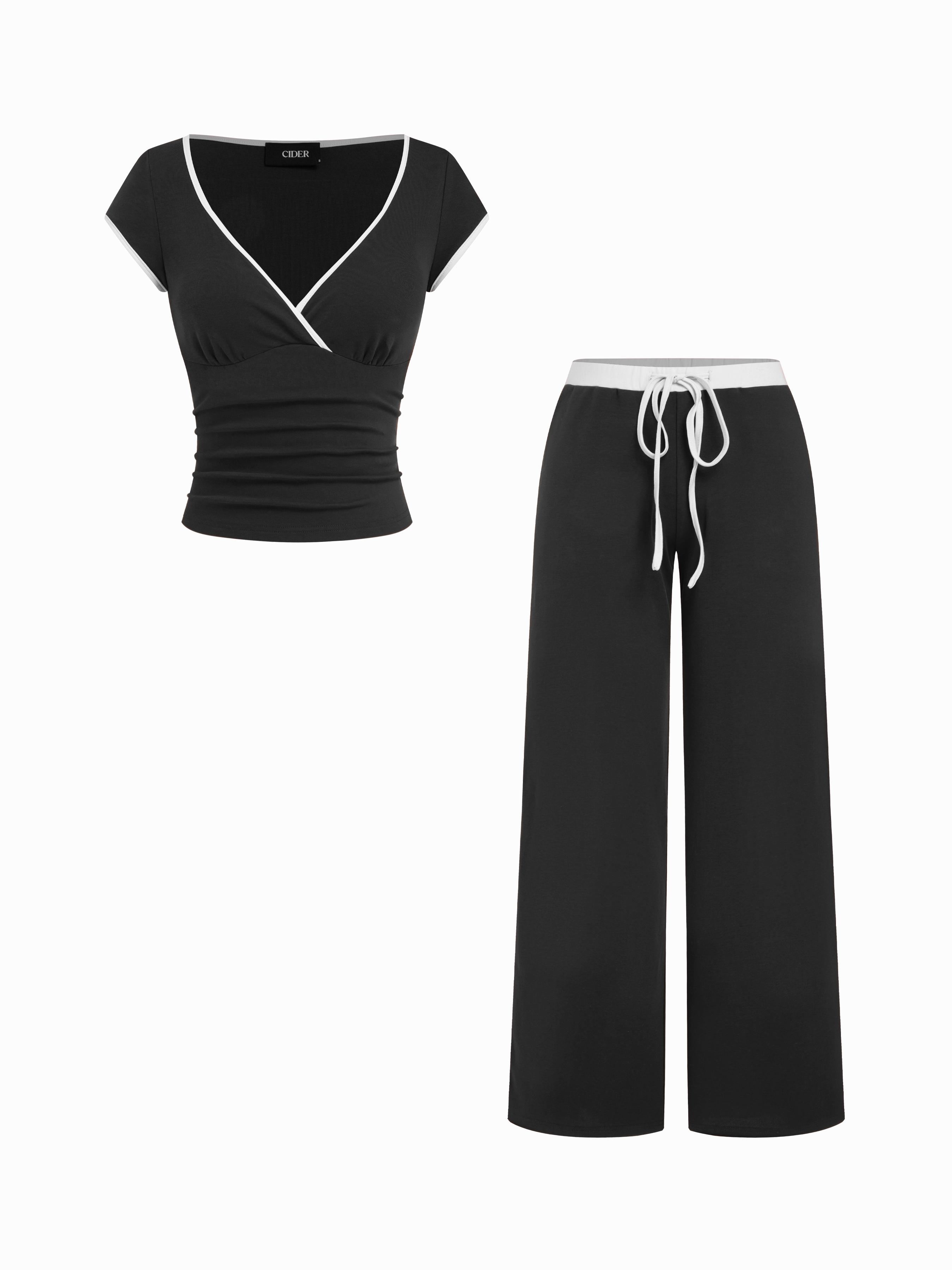 Cotton-blend V-neck Two Tone Top & Mid Rise Drawstring Straight Leg Trousers Set by CIDER