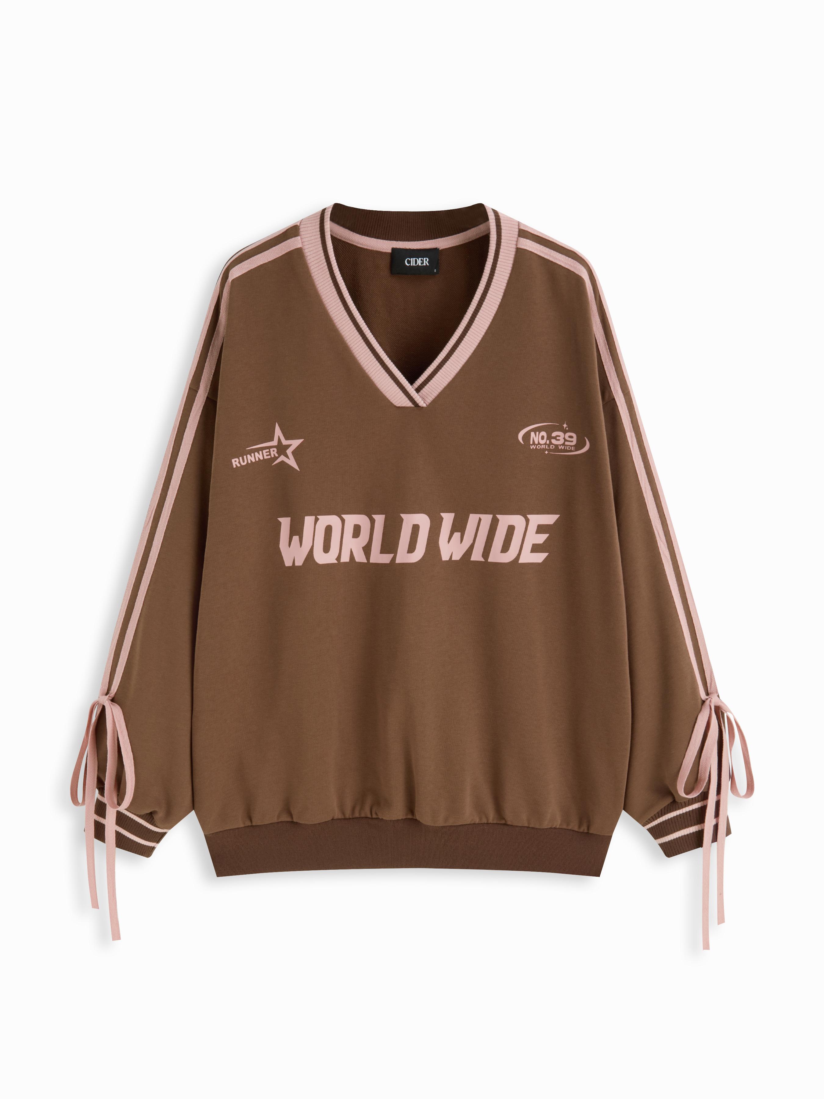 Cotton-blend V-neck World Wide Graphic Side Striped Bowknot Oversized Sweatshirt by CIDER