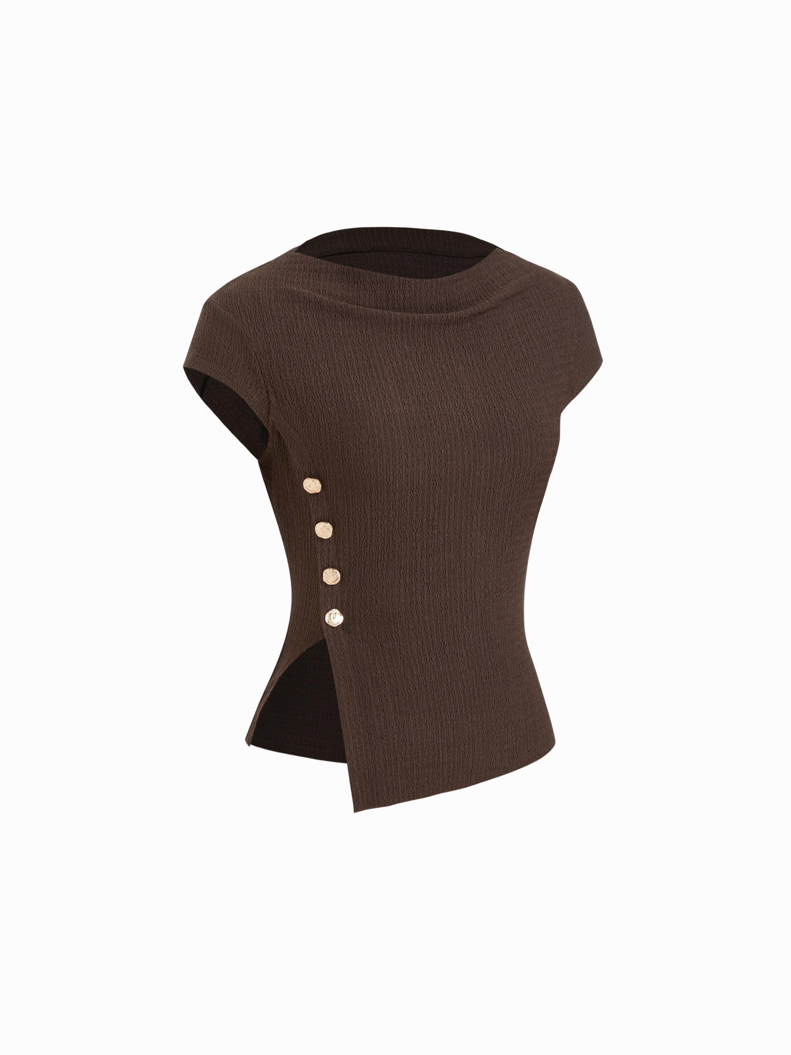Cowl Neck Asymmetrical Hem Metal Button Split Short Sleeve Top by CIDER