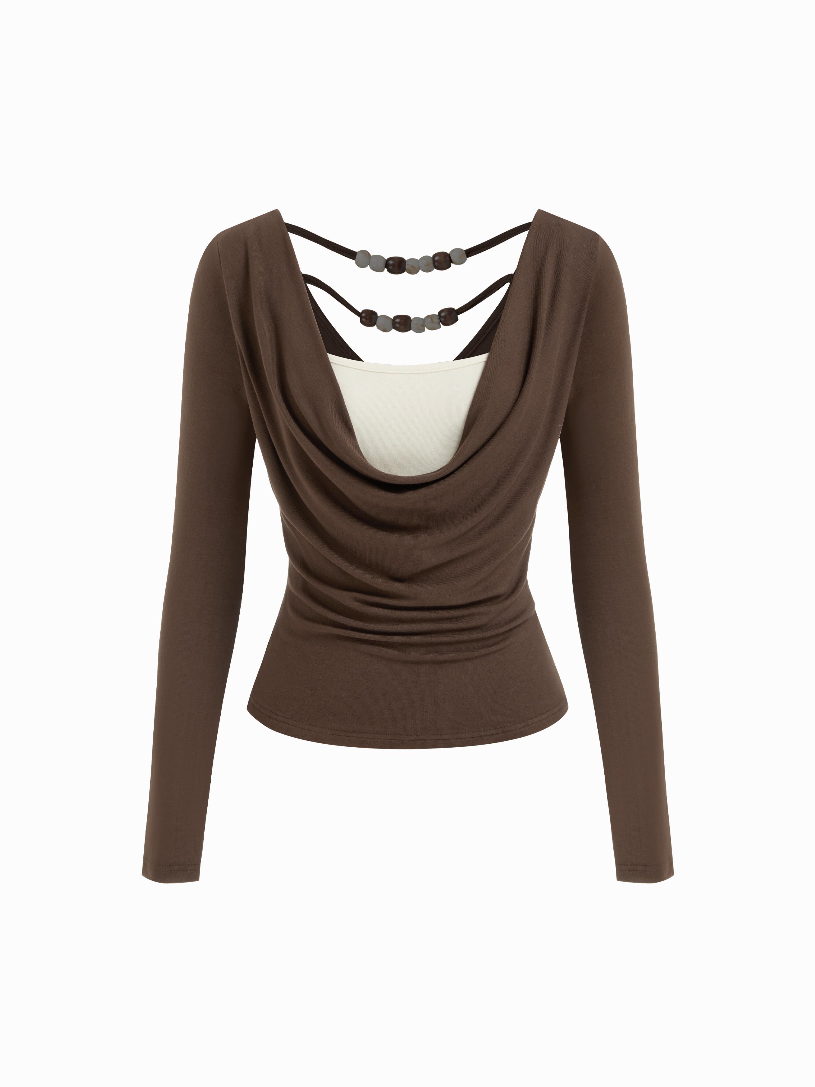 Cowl Neck Beaded Backless Ruched Long Sleeve Tee by CIDER