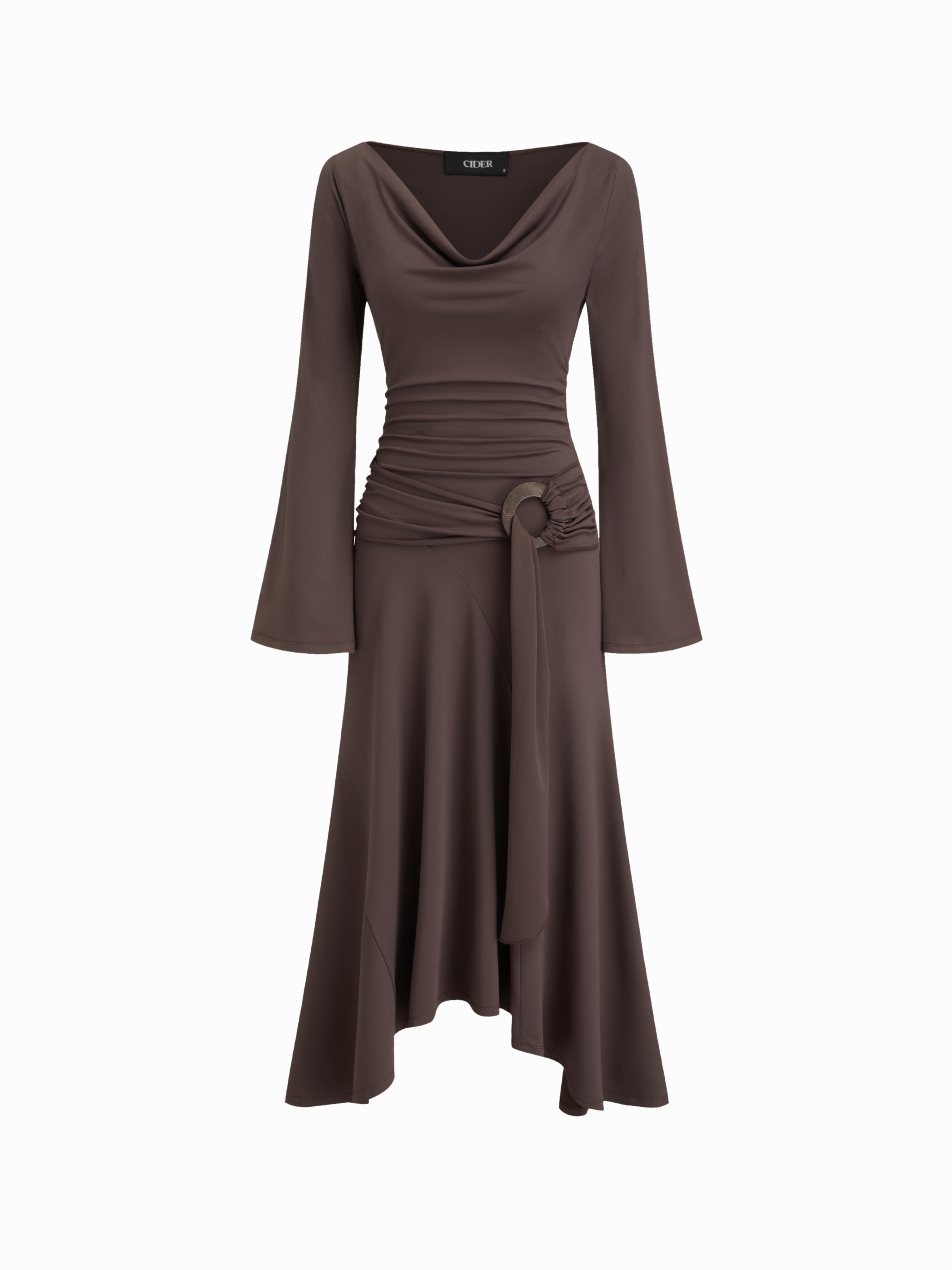 Cowl Neck Bell Sleeve O-Ring Ruched Ruffle Hem Midi Dress by CIDER