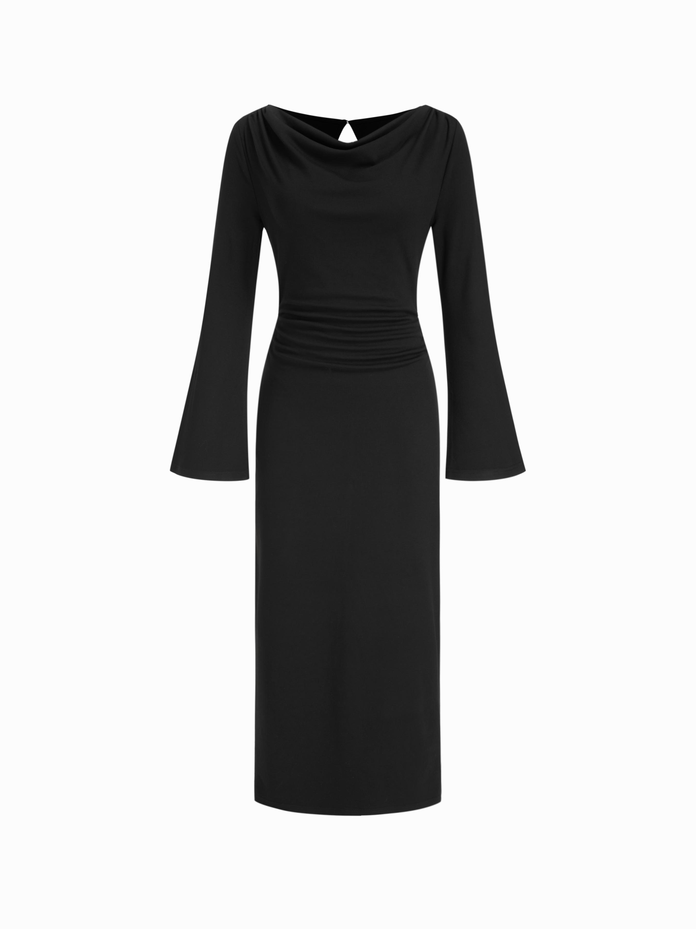 Cowl Neck Bell Sleeve Ruched Backless Maxi Dress by CIDER
