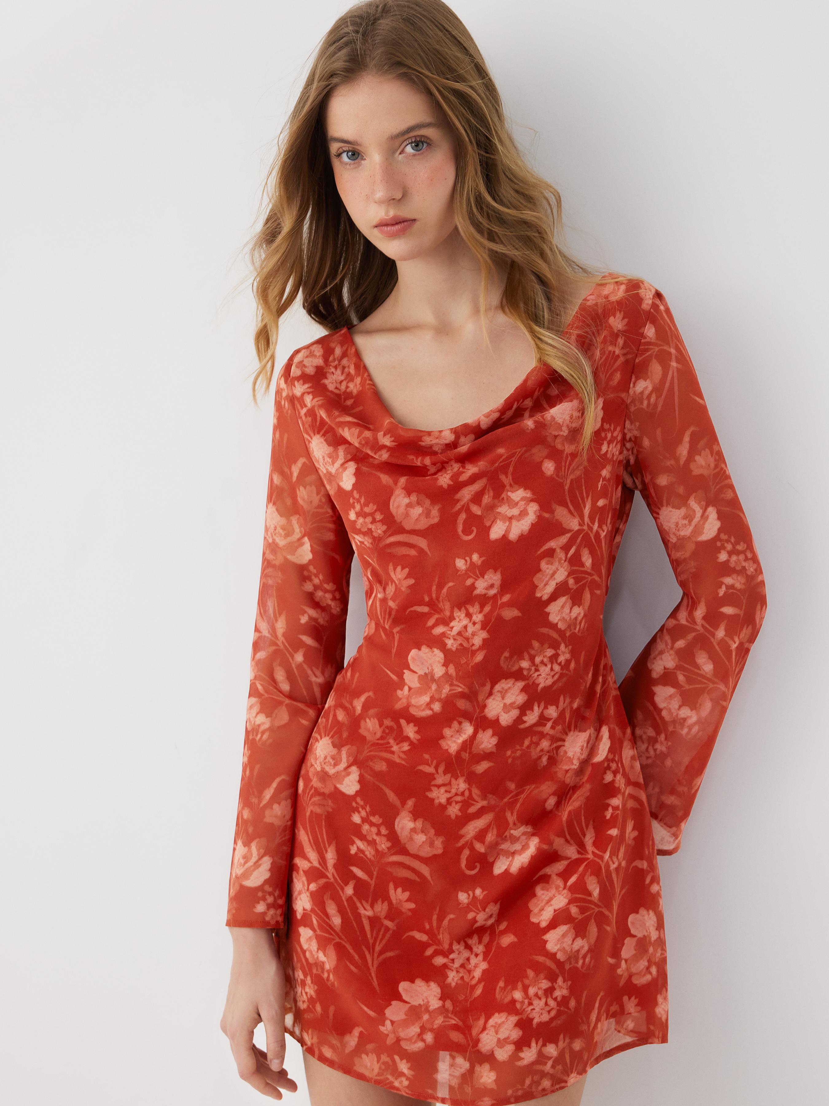 Cowl Neck Floral Ruched Tie Back Bell Sleeve Mini Dress by CIDER