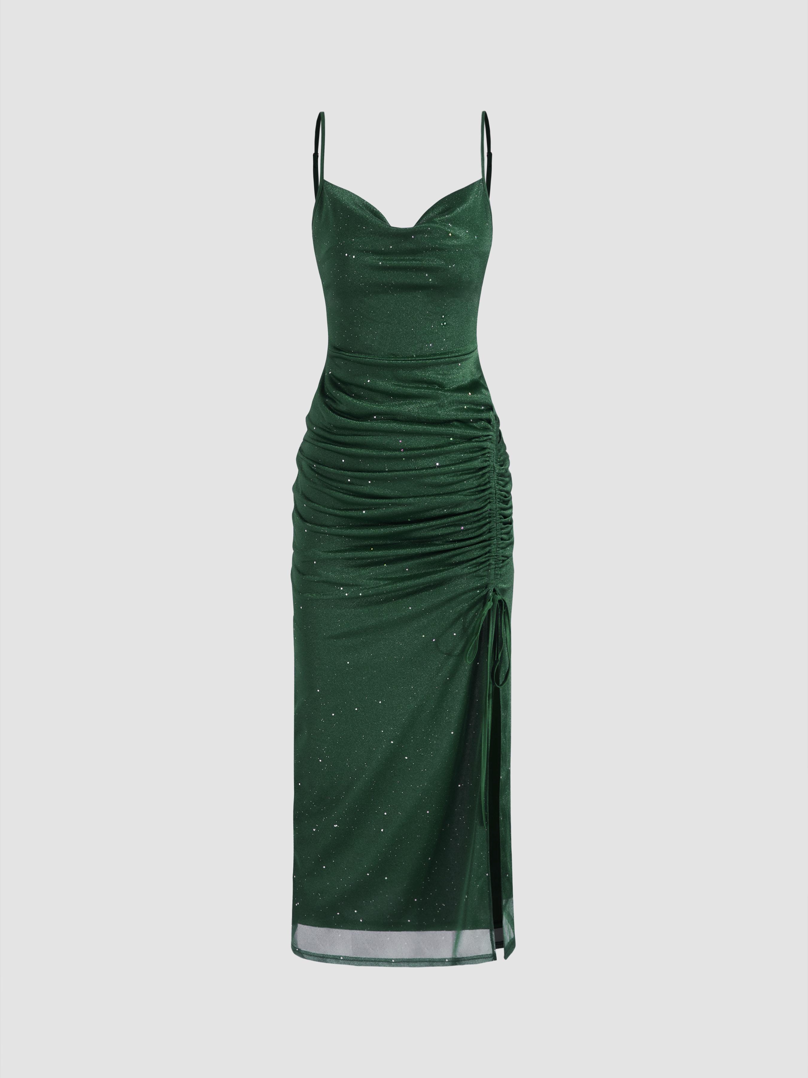 Cowl Neck Glitter Ruched Split Drawstring Maxi Dress by CIDER