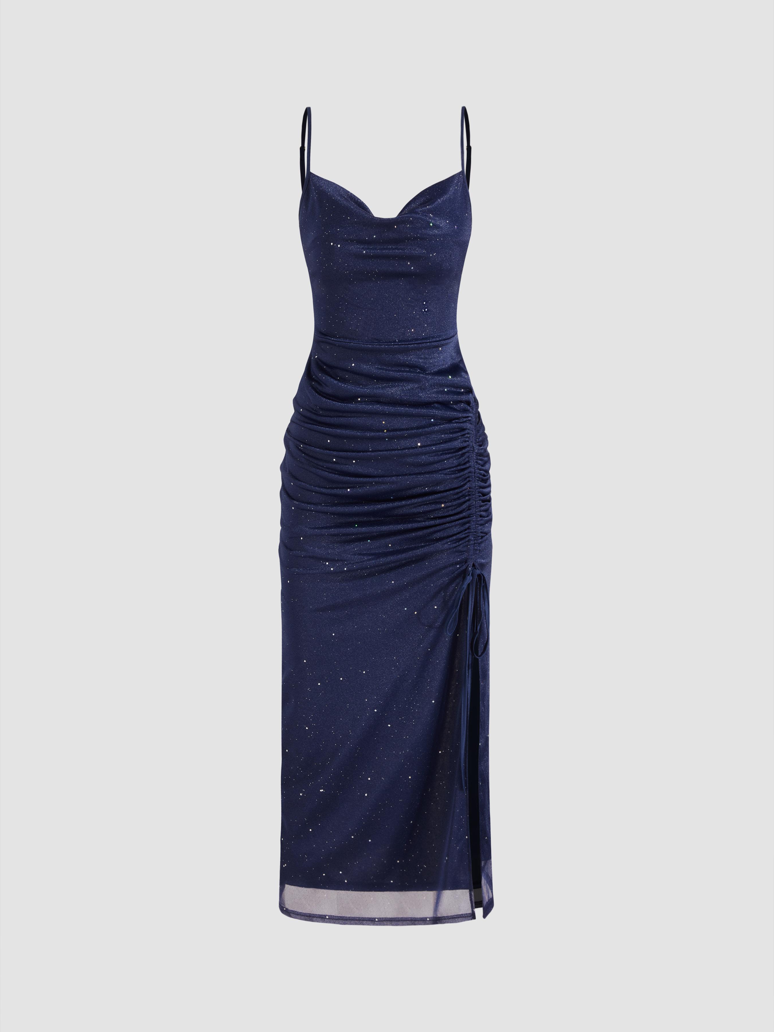 Cowl Neck Glitter Ruched Split Drawstring Maxi Dress by CIDER
