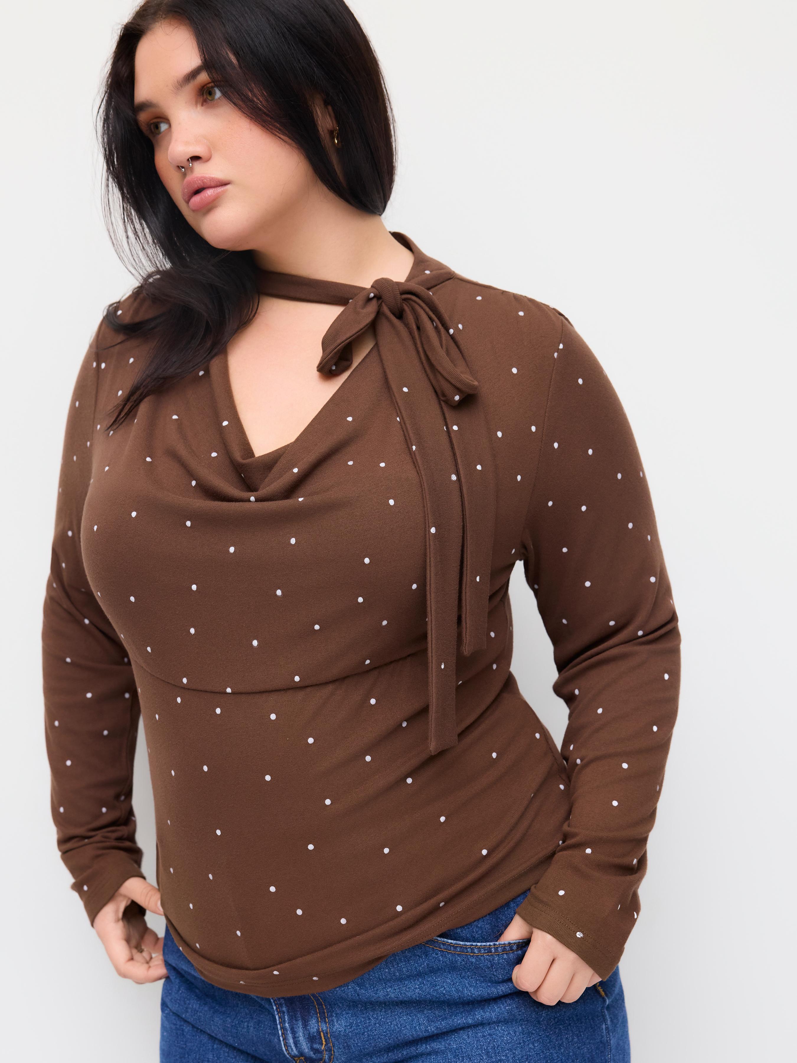 Cowl Neck Knotted Polka Dot Long Sleeve Tee Curve & Plus by CIDER