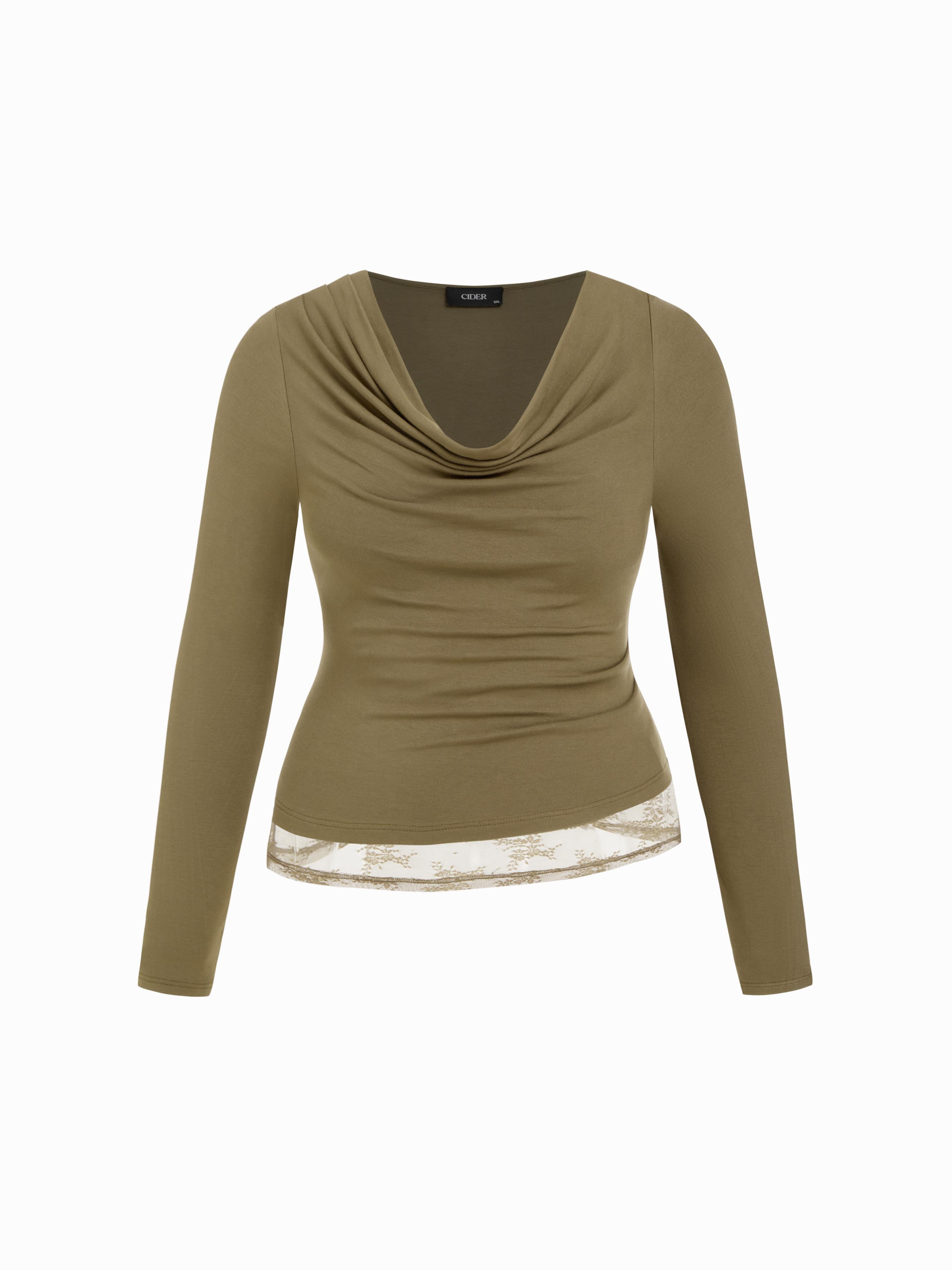 Cowl Neck Lace Hem Long Sleeve Top Curve & Plus by CIDER