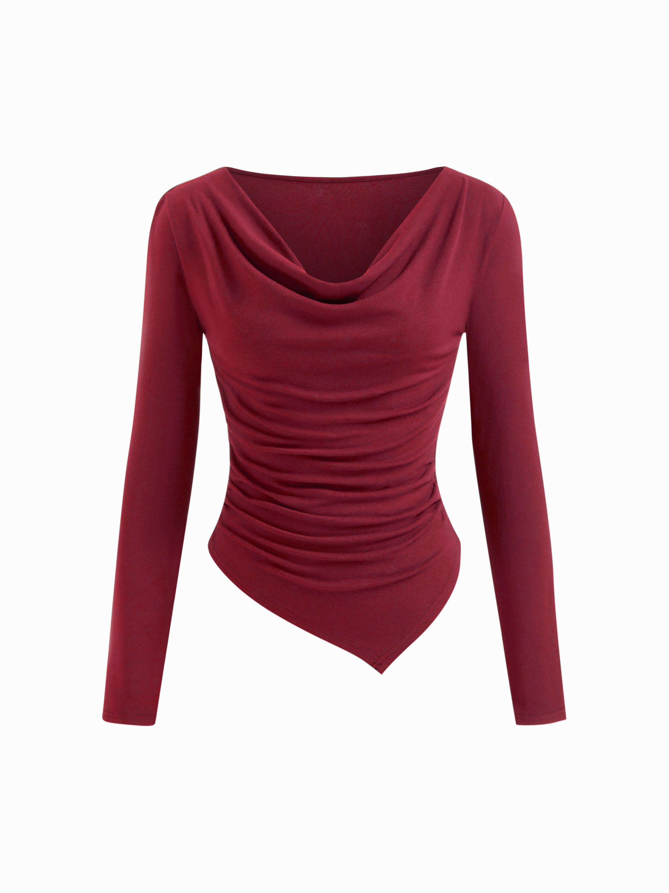 Cowl Neck Long Sleeve Asymmetrical Hem Ruched Top by CIDER