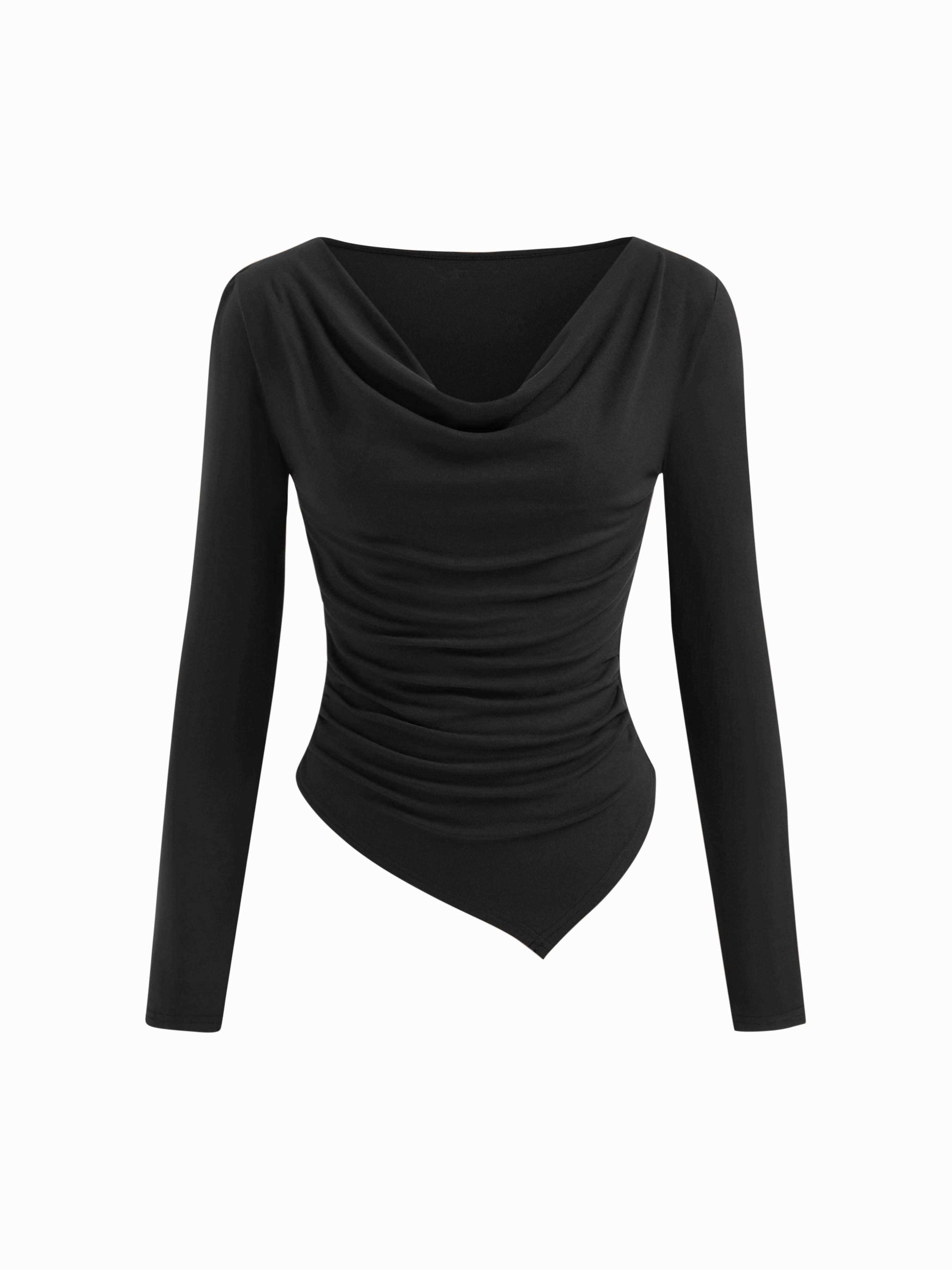 Cowl Neck Long Sleeve Asymmetrical Hem Ruched Top by CIDER