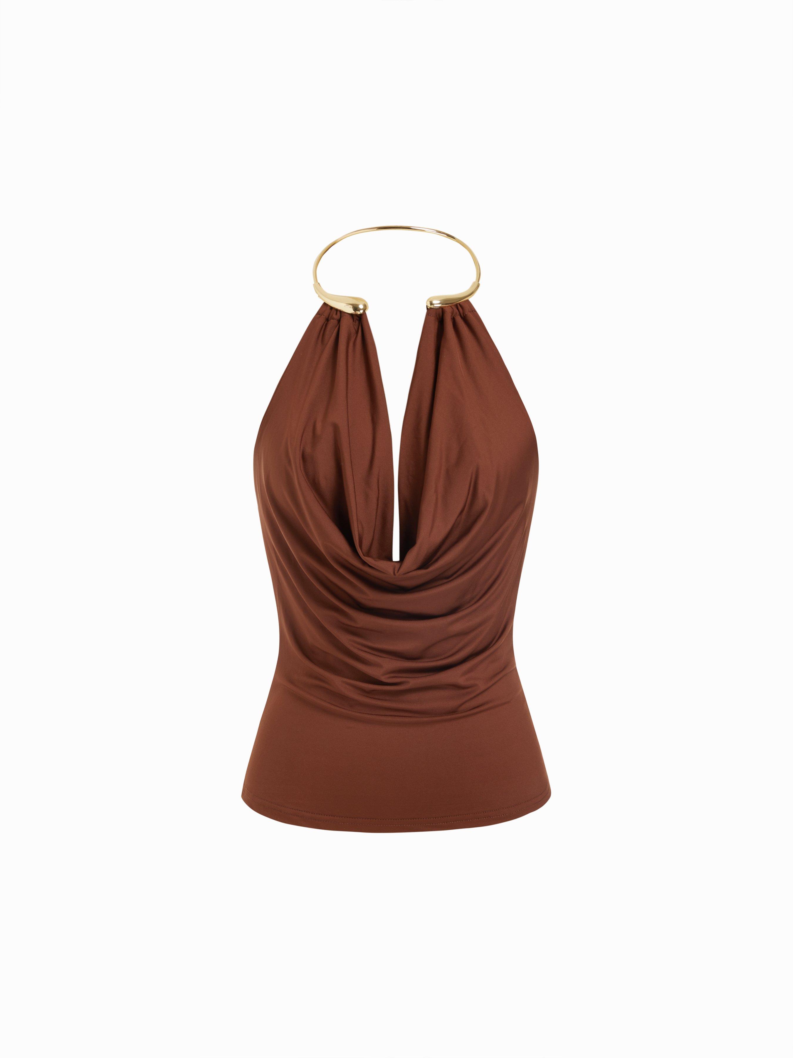 Cowl Neck Metal Detail Ruched Top by CIDER