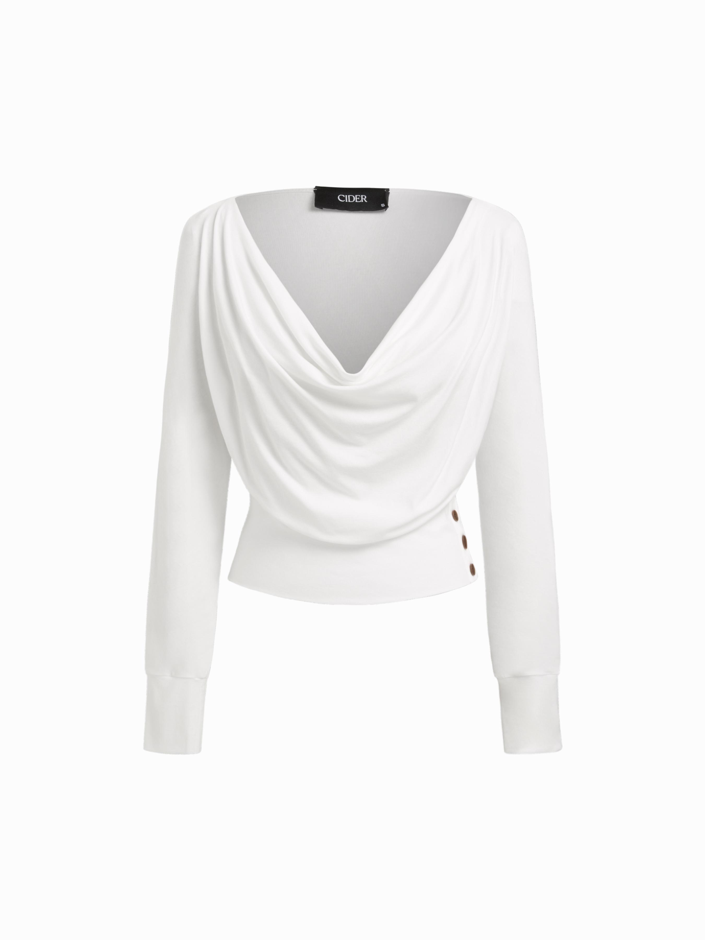 Cowl Neck Ruched Button Long Sleeve Top by CIDER