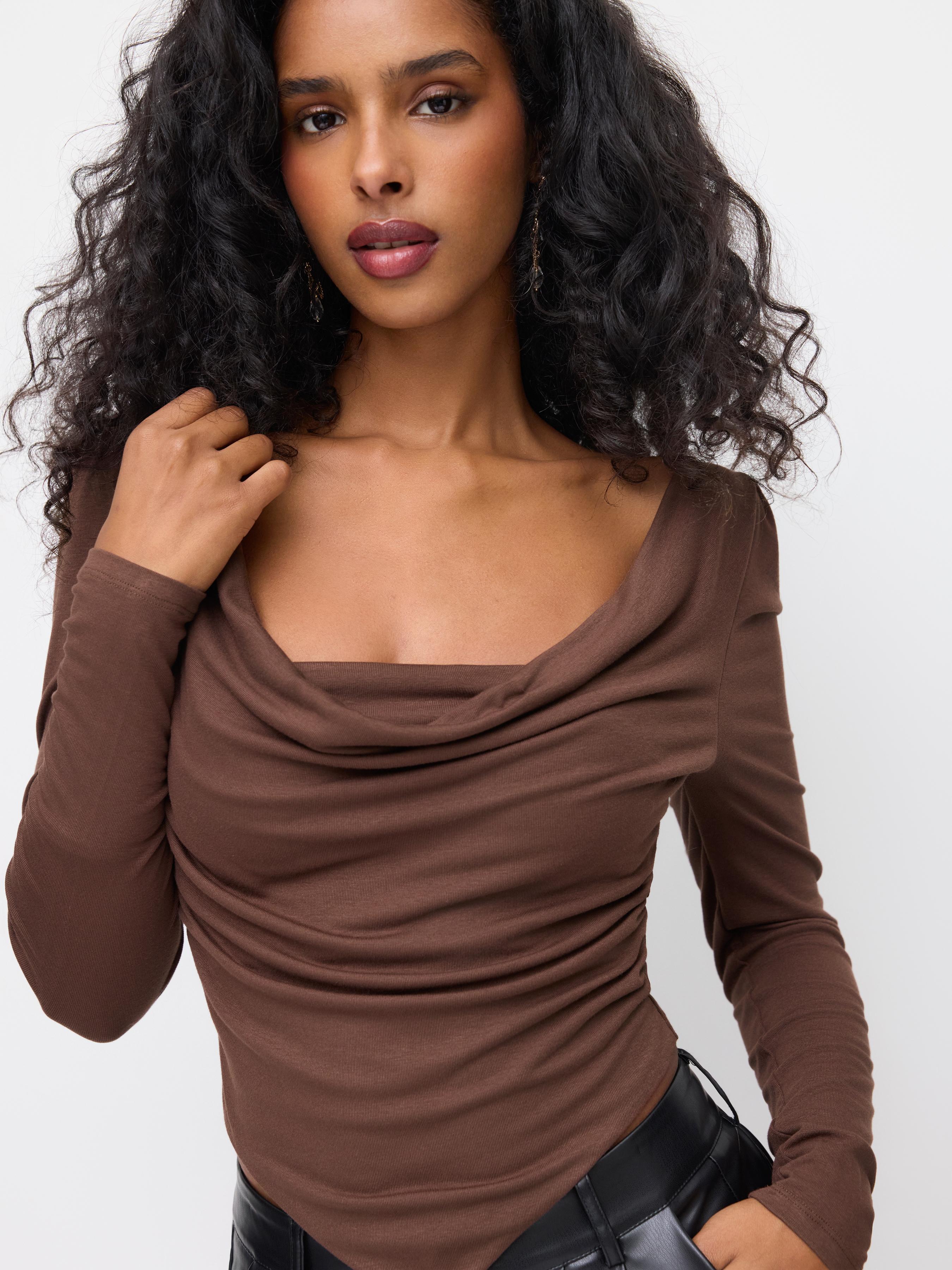 Cowl Neck Ruched Hanky Hem Long Sleeve Jersey Top by CIDER