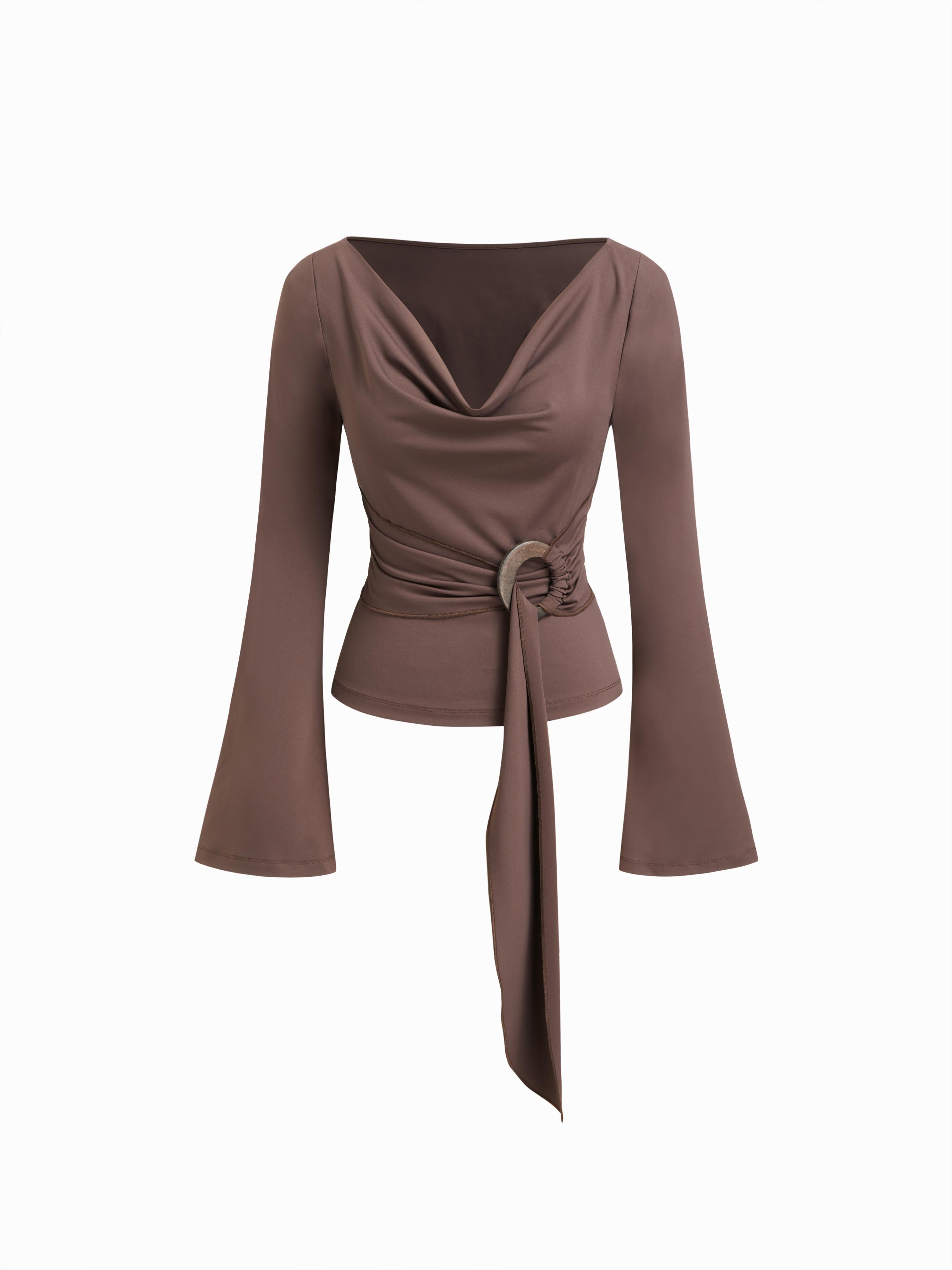 Cowl Neck Ruched O-ring Bell Sleeve Top by CIDER