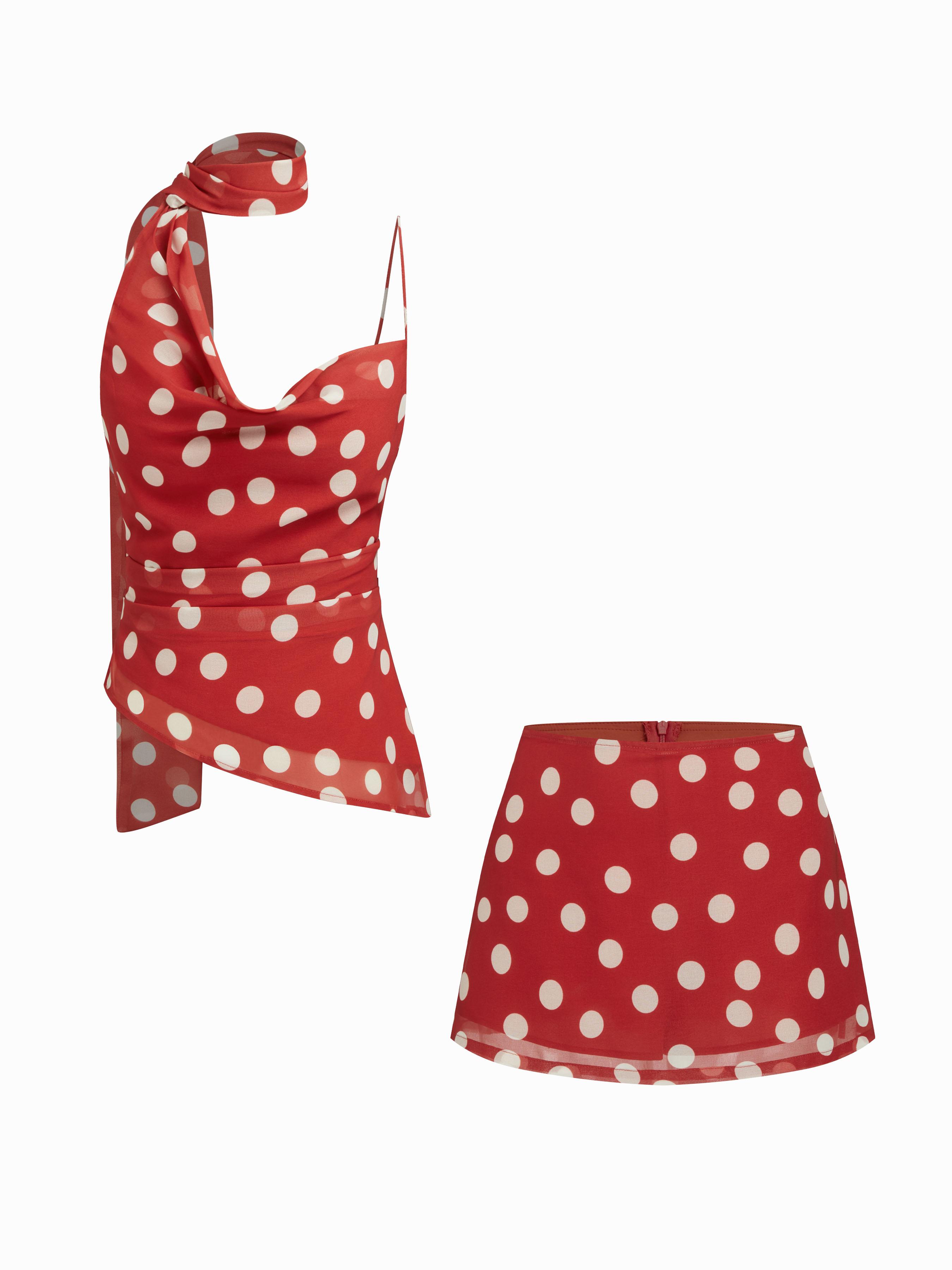 Cowl Neck Ruched Polka Dot Cami Top With Scarf & Mid Rise Mini Skort Set by CIDER