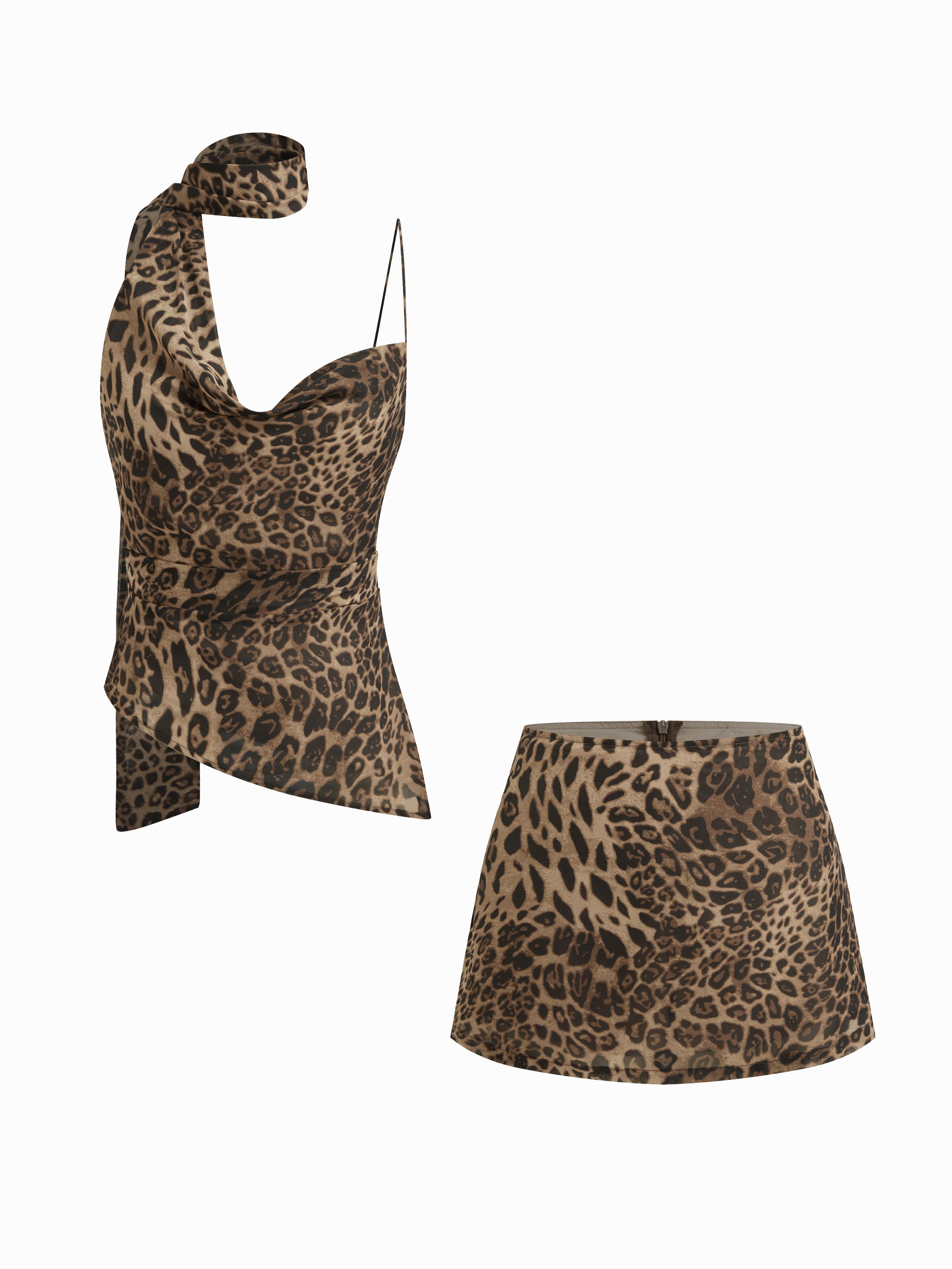 Cowl Neck Ruched Polka Dot Cami Top With Scarf & Mid Rise Mini Skort Set by CIDER