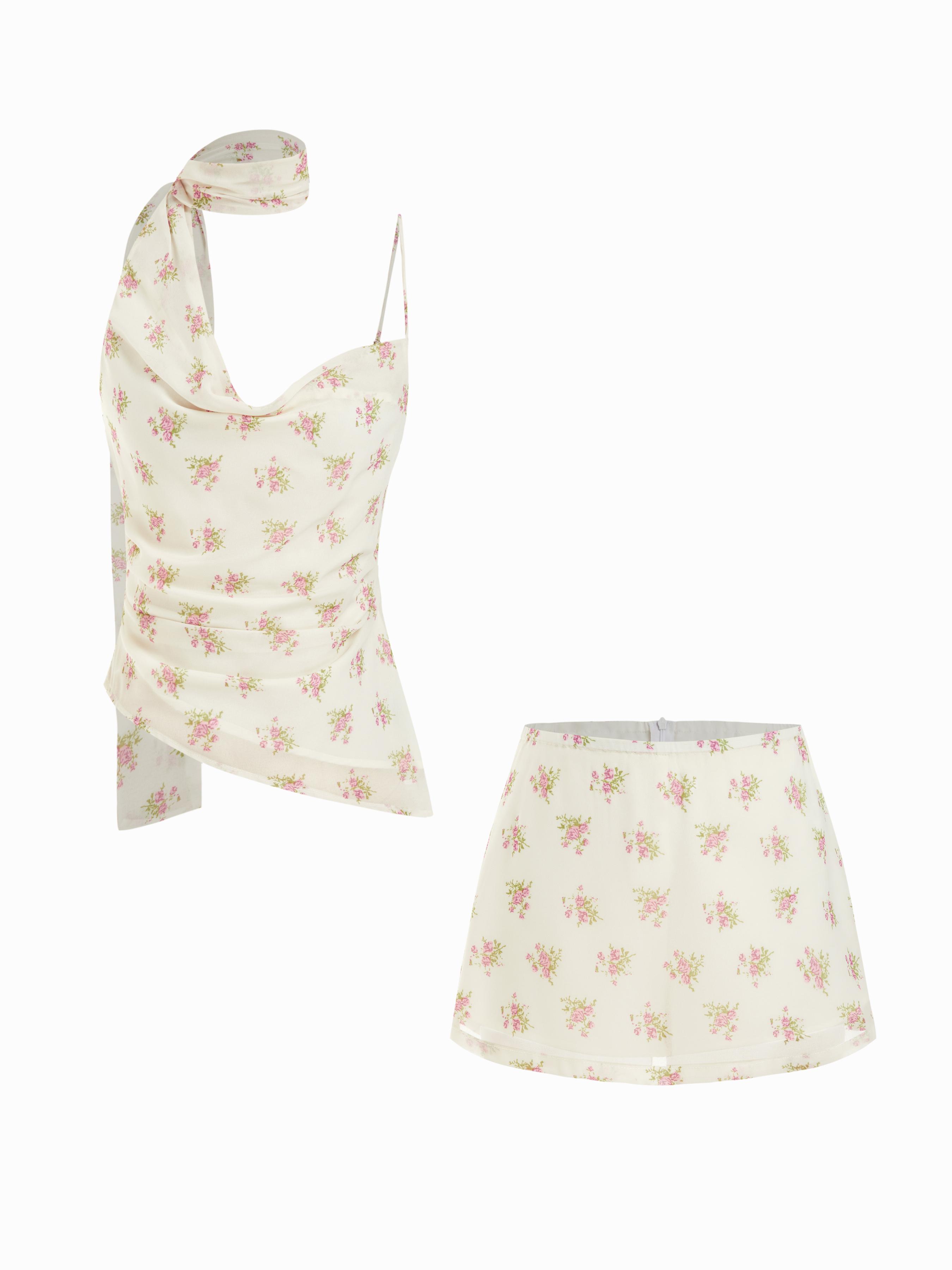 Cowl Neck Ruched Polka Dot Cami Top With Scarf & Mid Rise Mini Skort Set by CIDER
